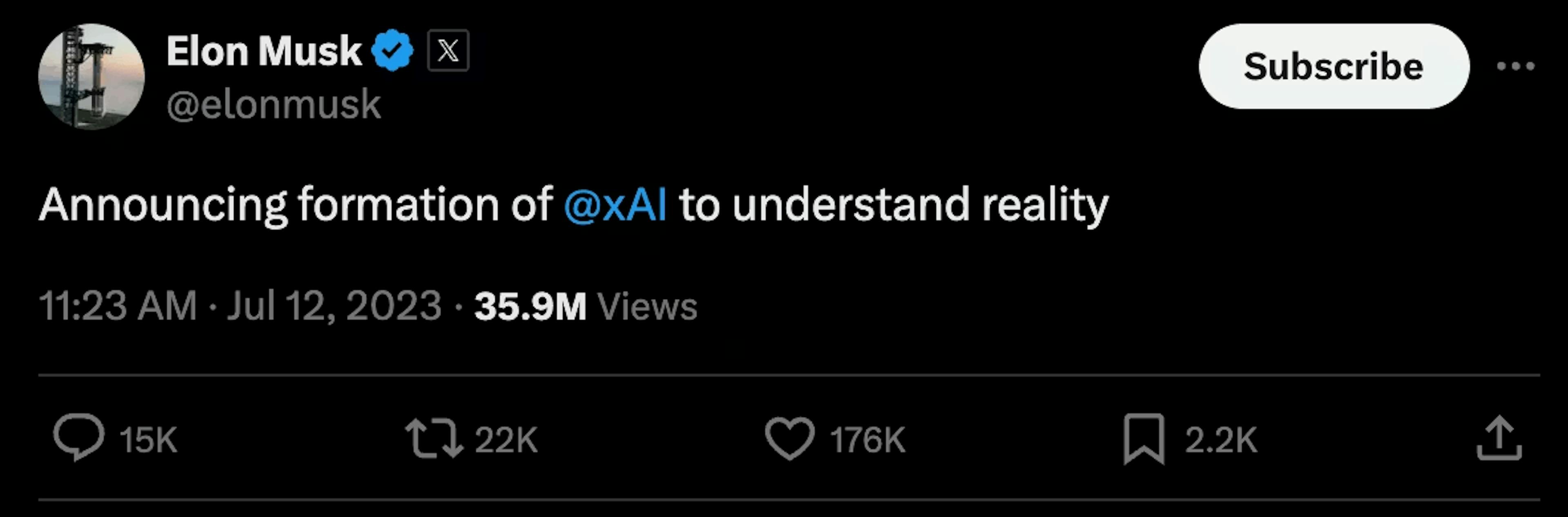 Elon Musk post announcing formation of xAI