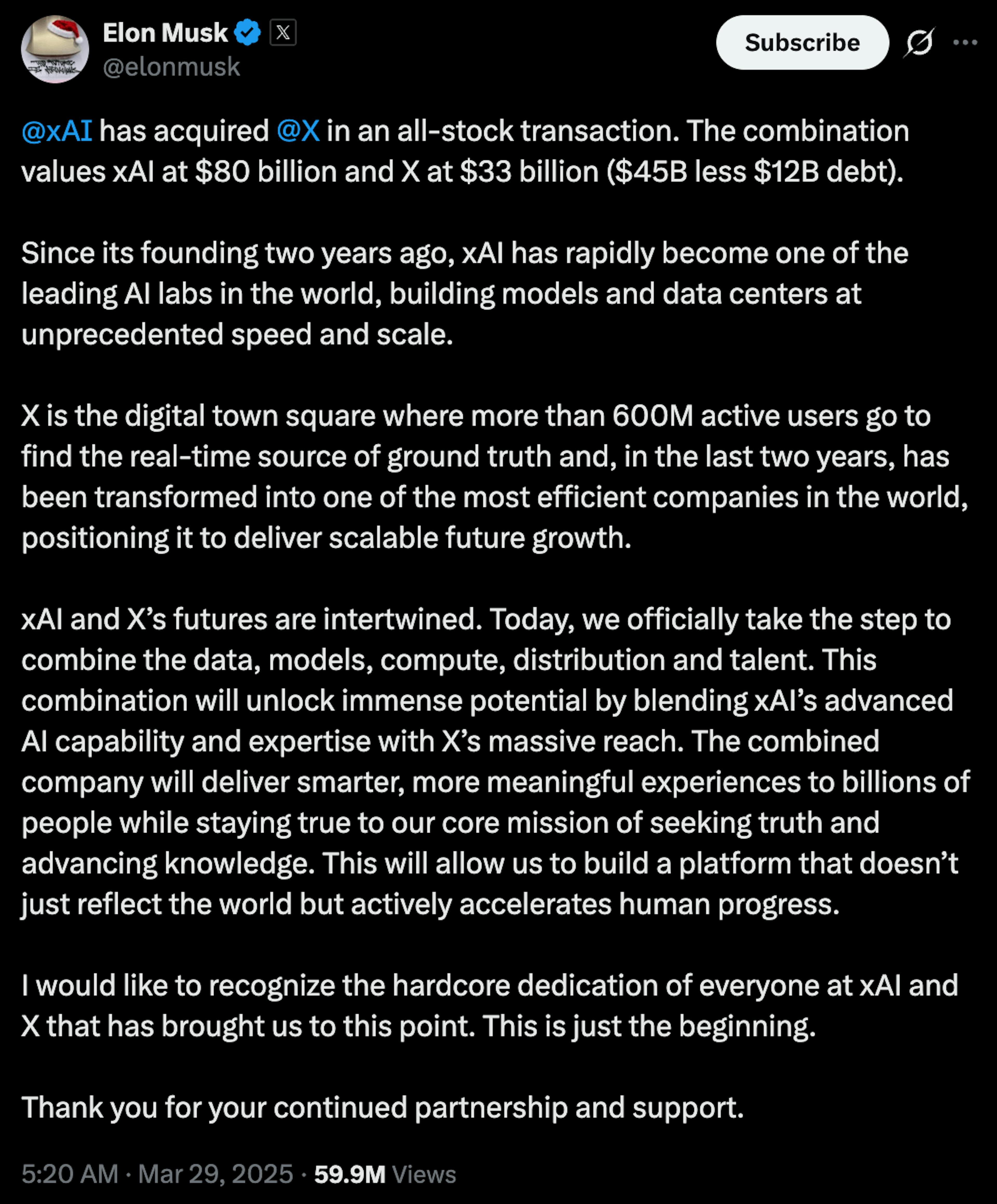 Elon Musk post about xAI acquiring X