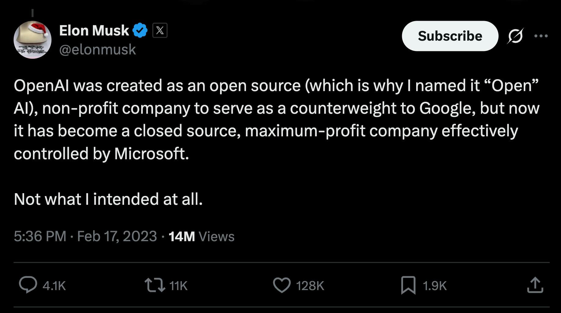 Elon Musk post criticizing OpenAI controlled by Microsoft