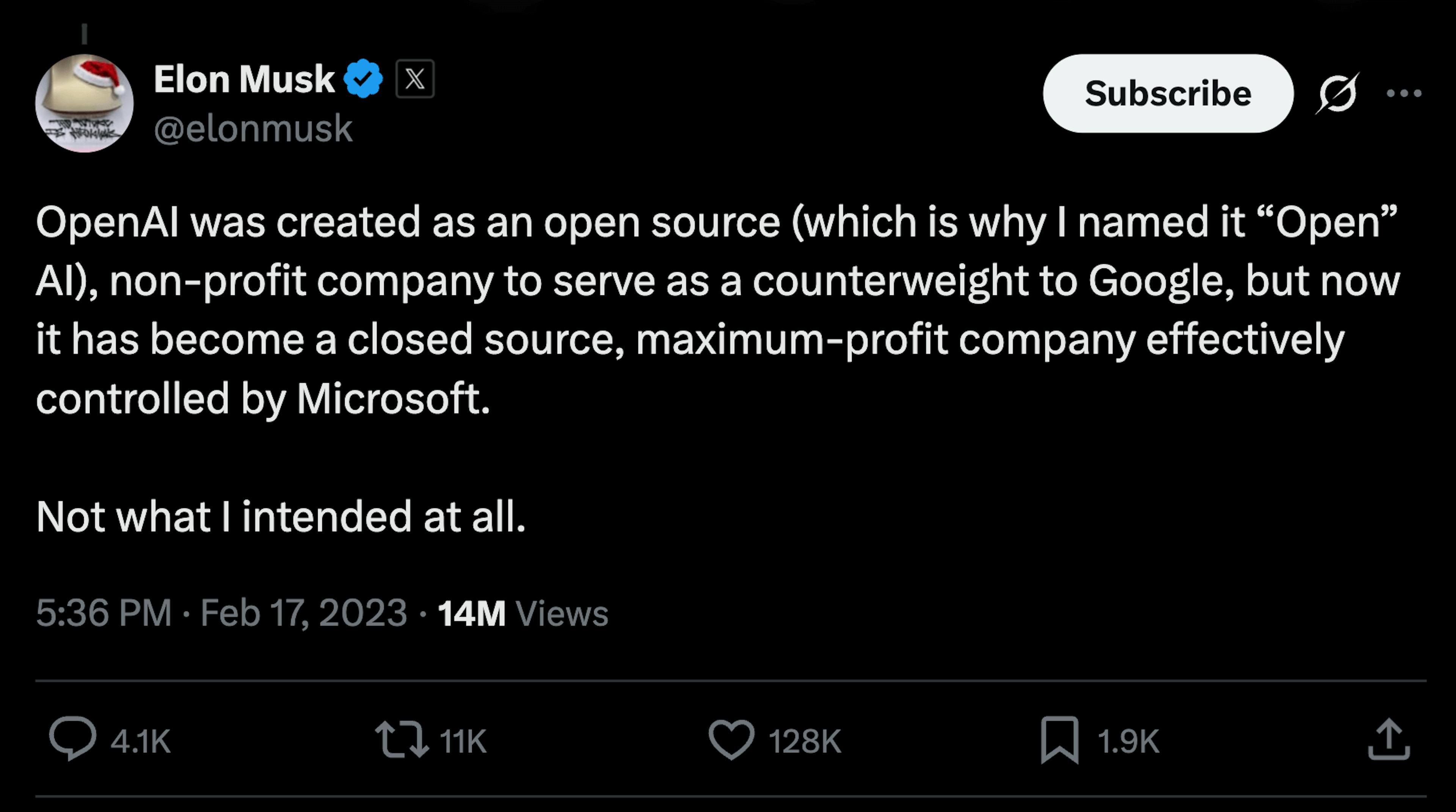 Elon Musk post criticizing OpenAI controlled by Microsoft