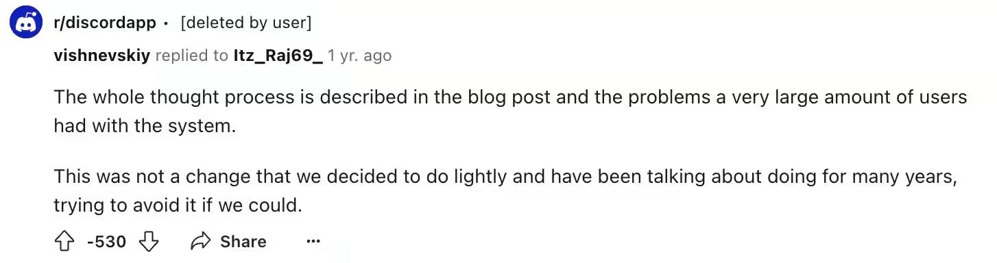 Post from Discord on Reddit about the user name design changes