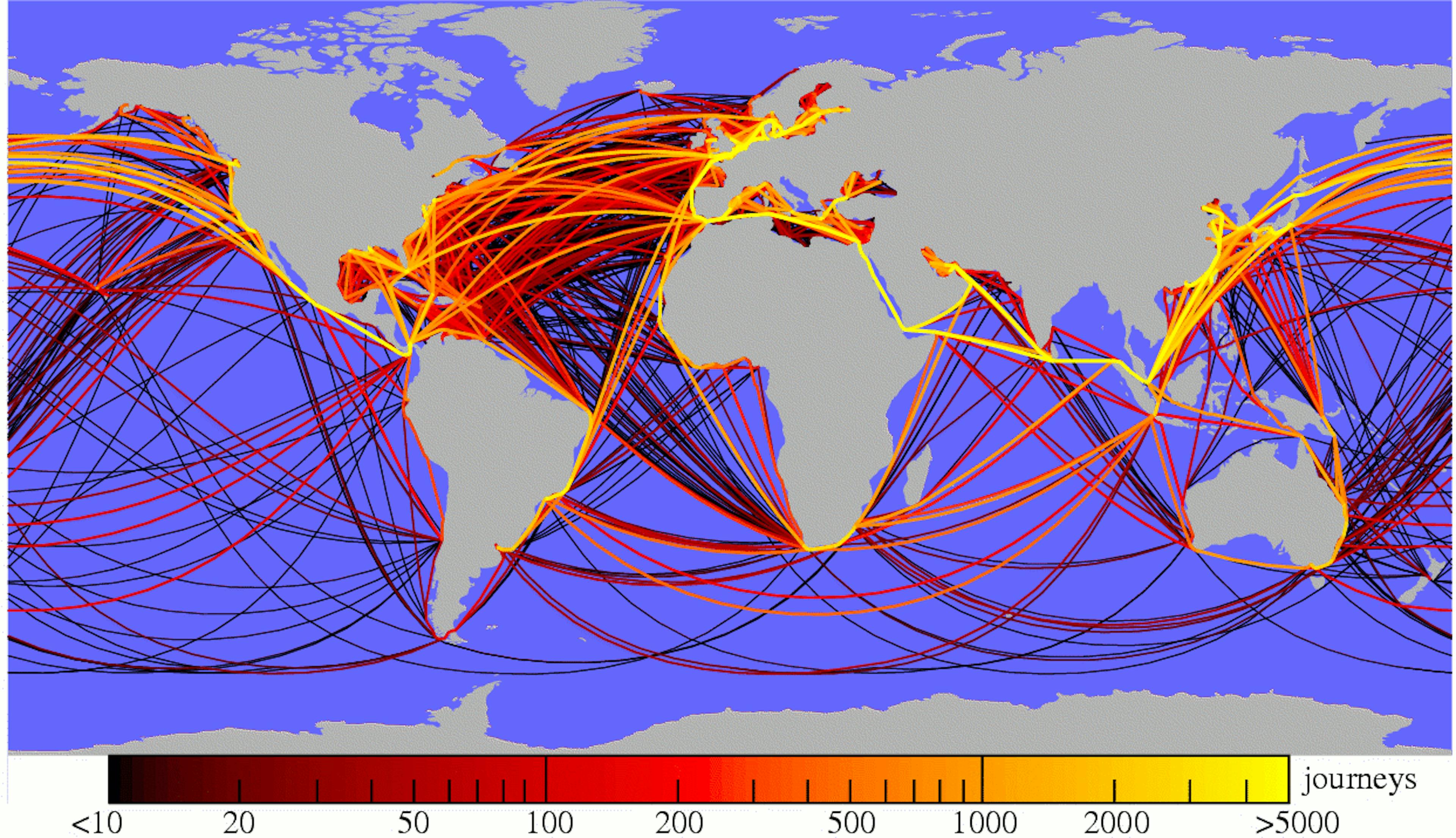 A Year of Global Shipping Routes Mapped by GPS