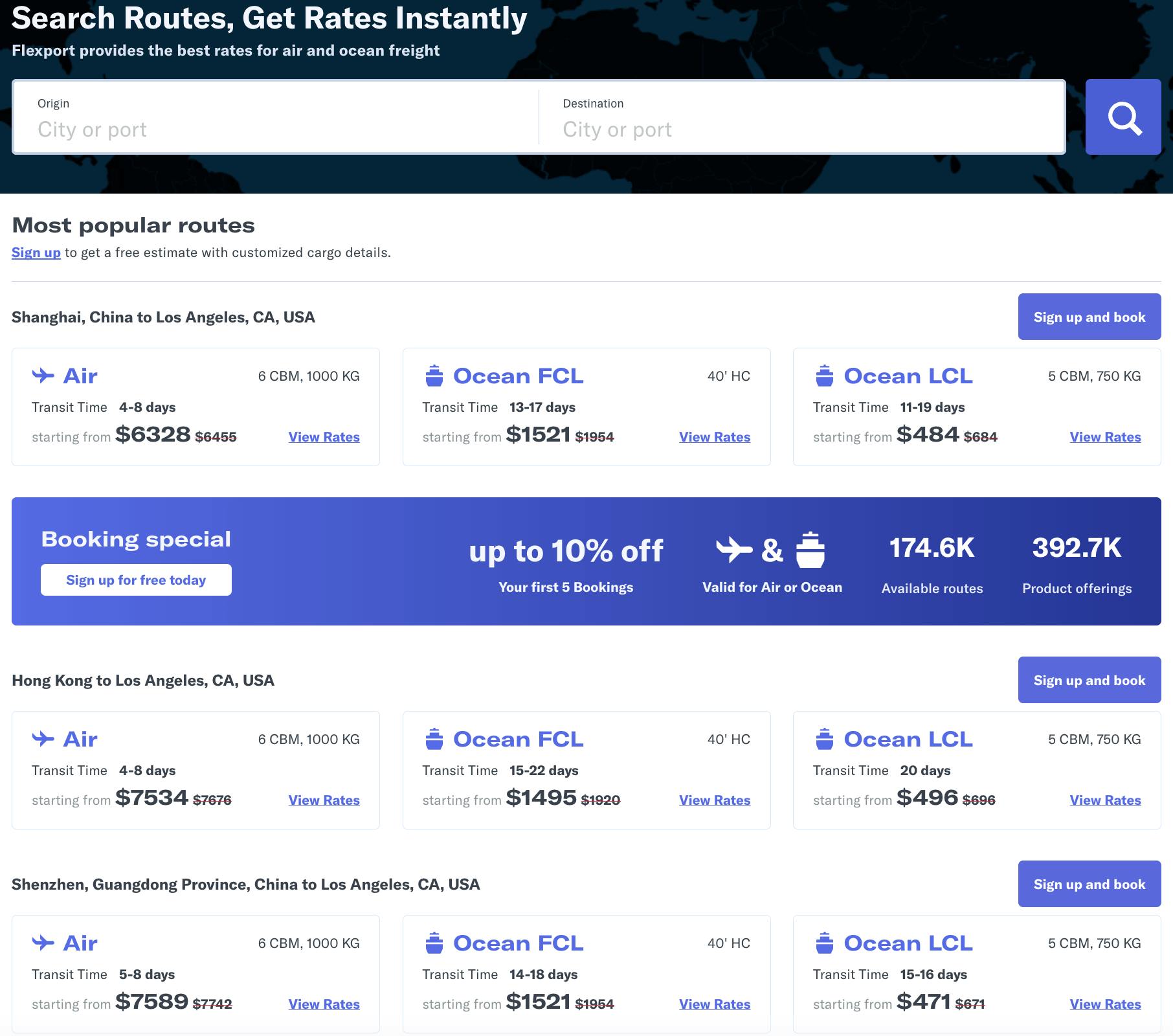 Flexport's rate search feature