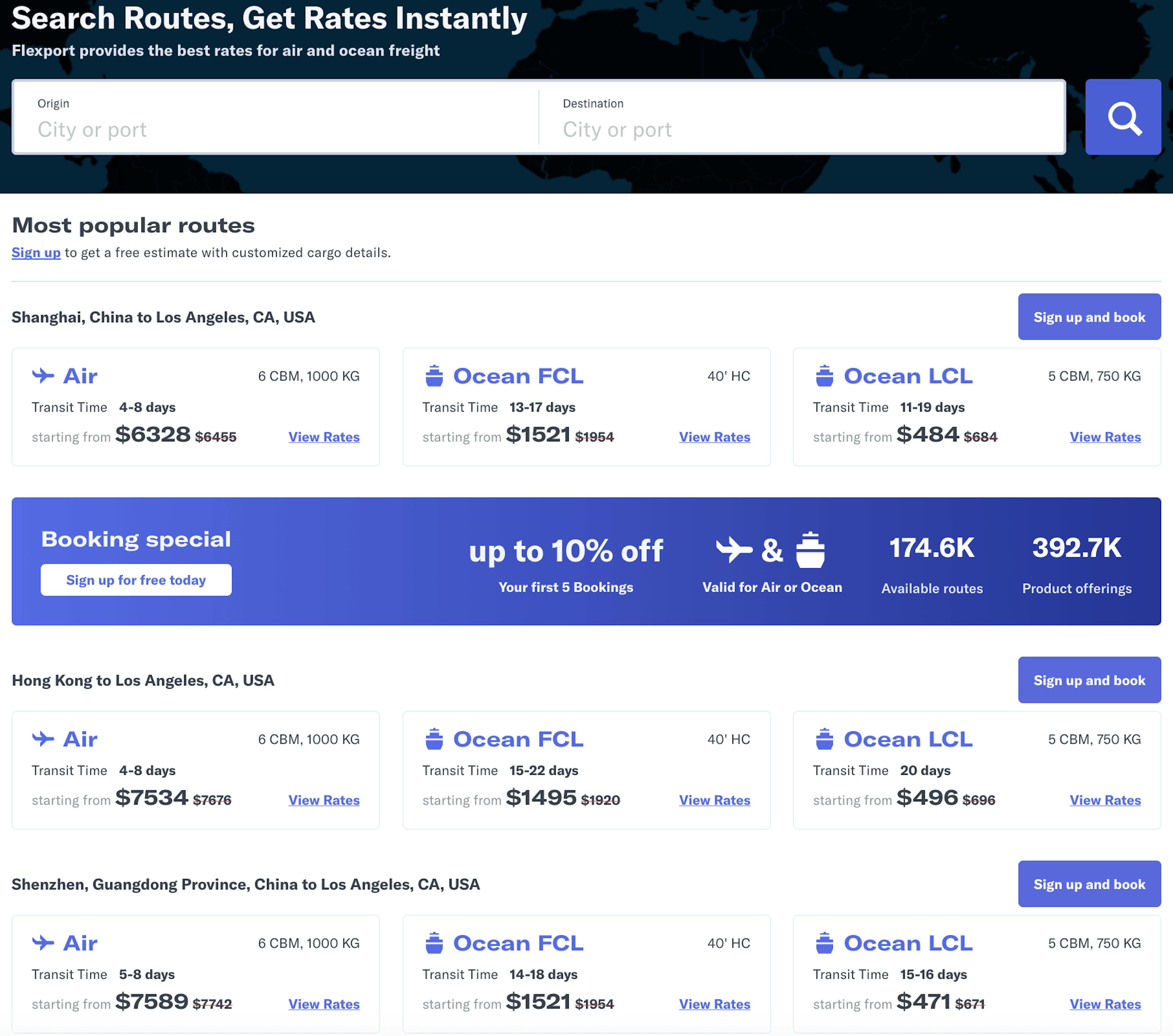 Flexport's rate search feature
