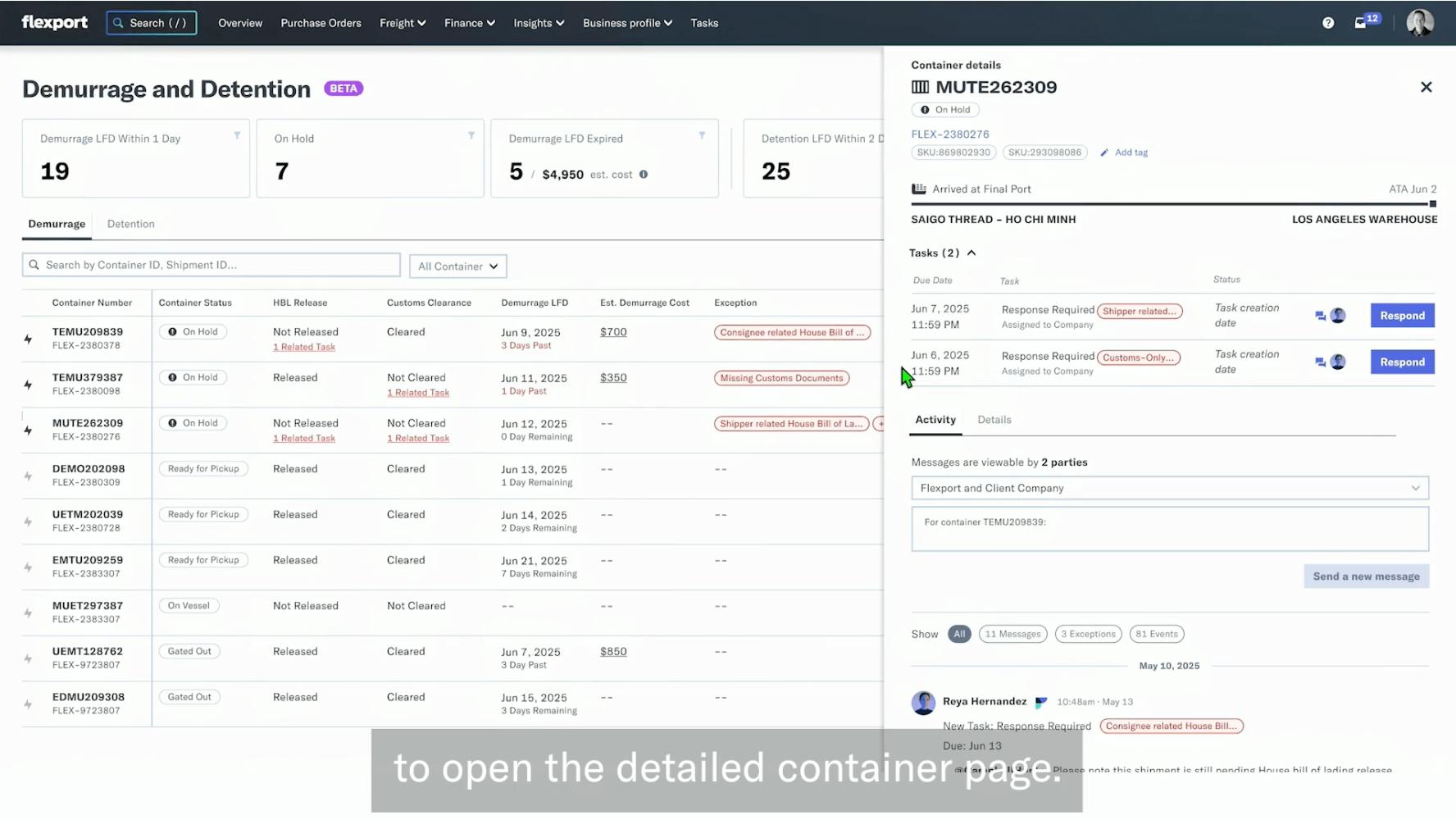 Screenshot of Flexport dashboard to view detailed container information