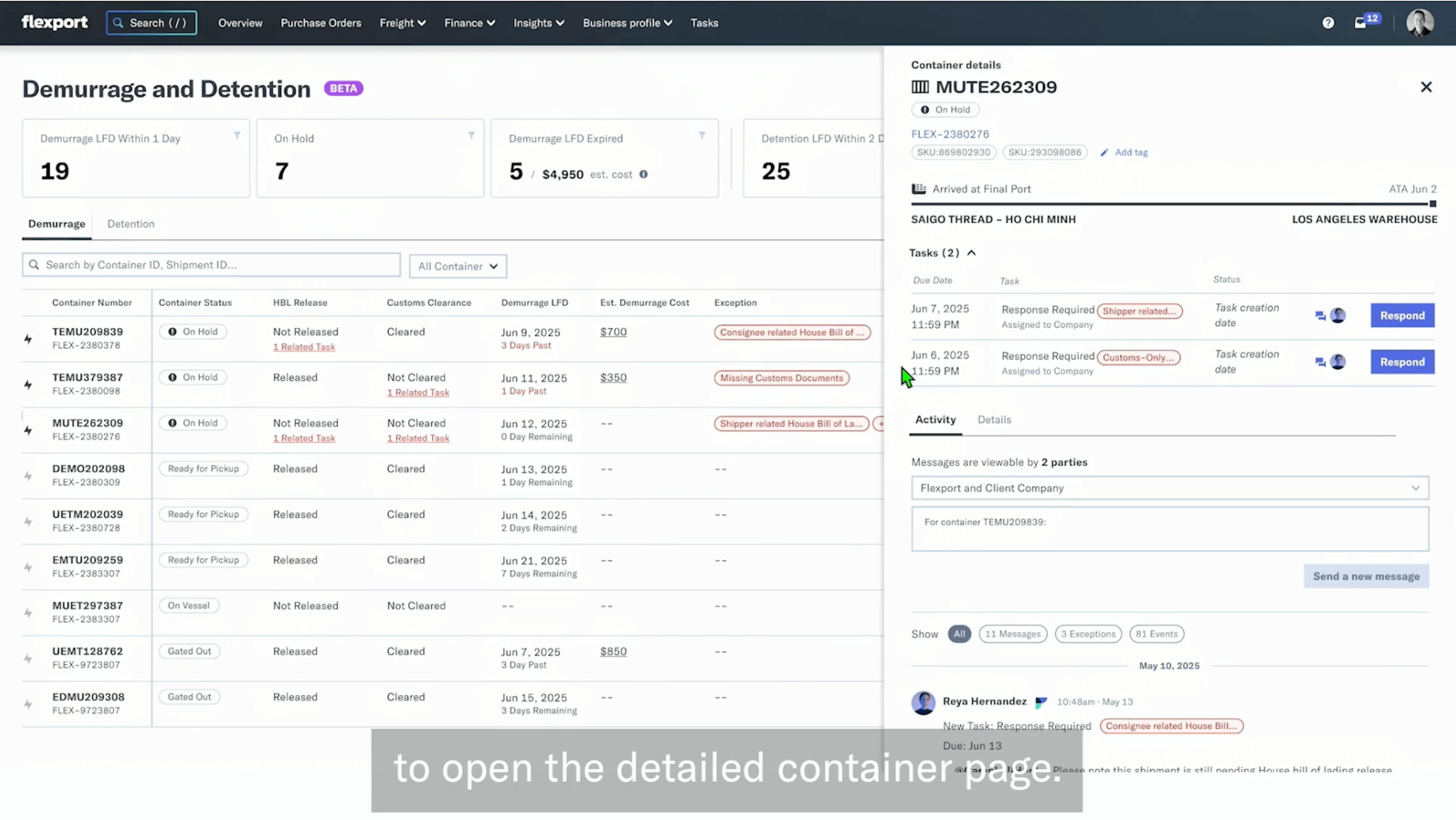 Screenshot of Flexport dashboard to view detailed container information