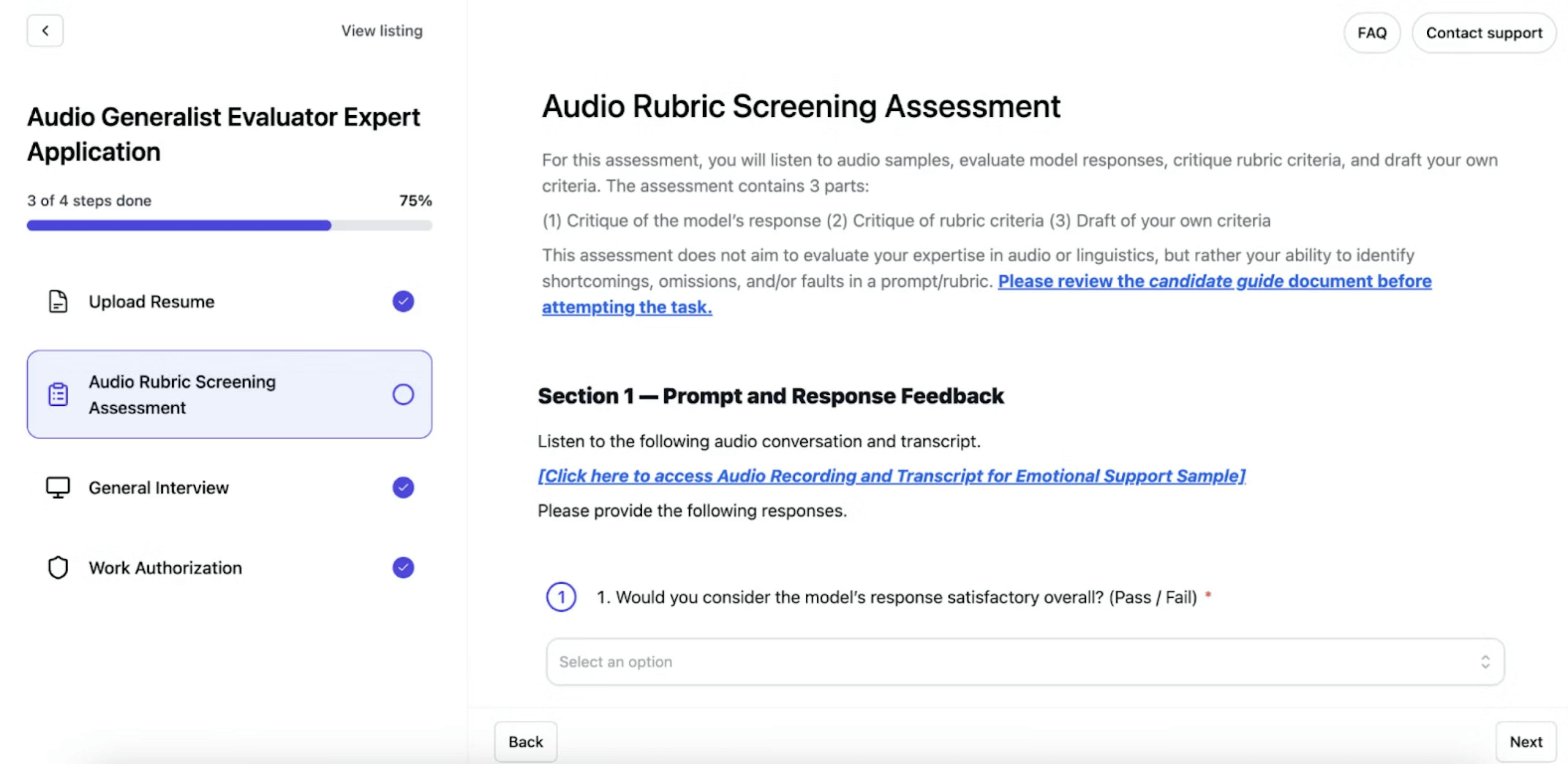 Example of Mercor's audio rubric screening assessment