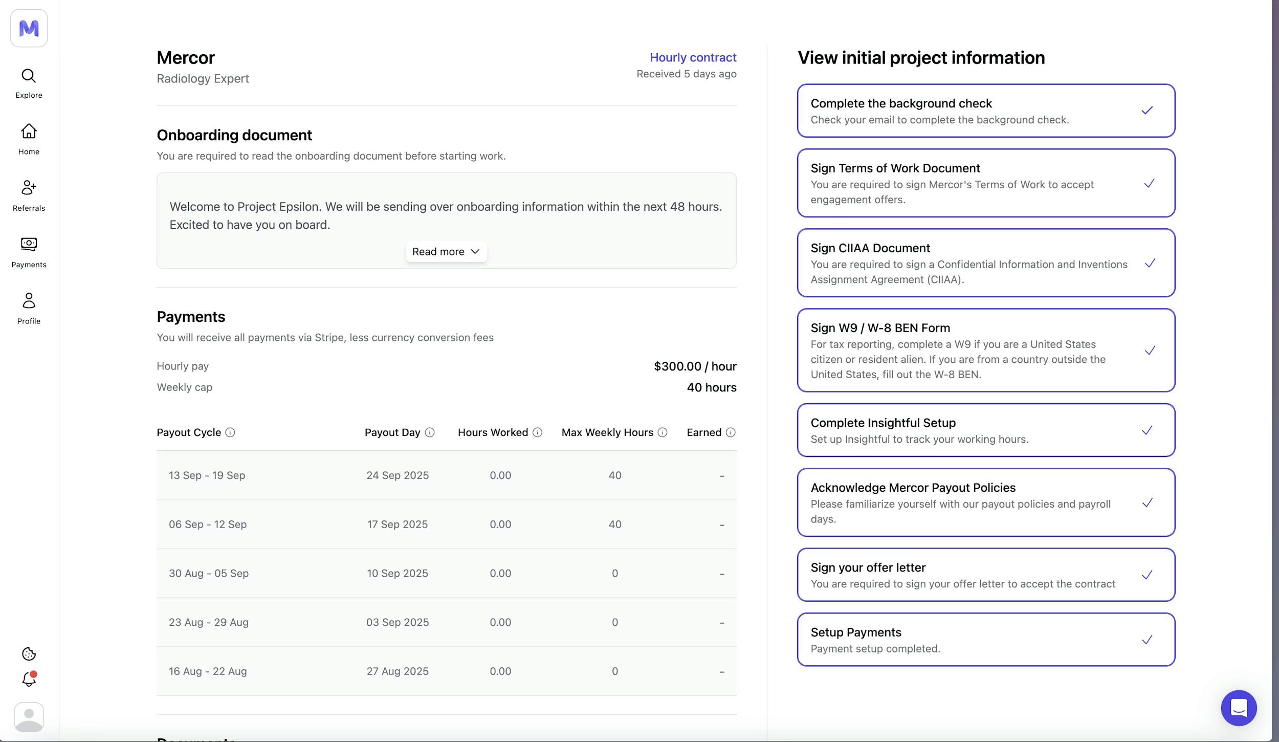 Example of Mercor onboarding upon selection for a project