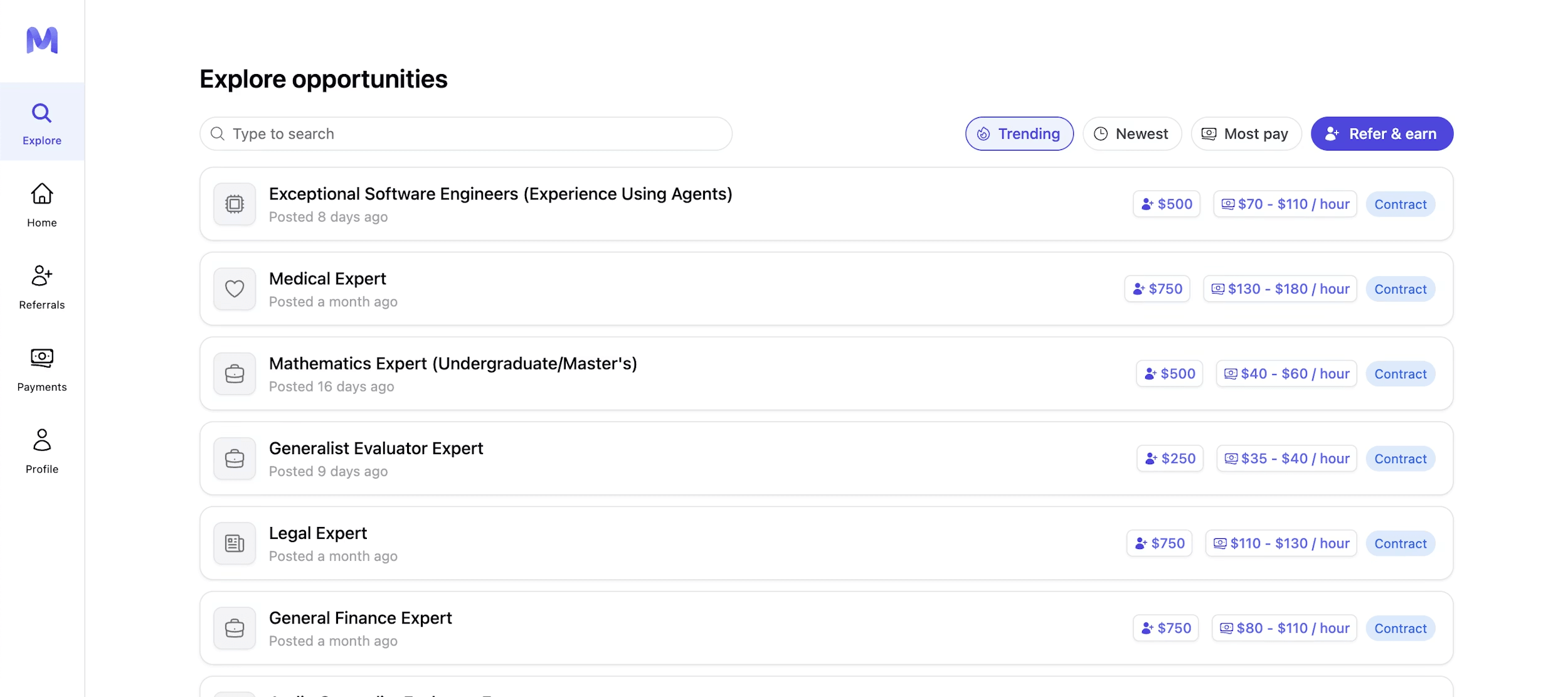 Screenshot of the Mercor worker dashboard showing an explore-opportunities interface with available expert projects
