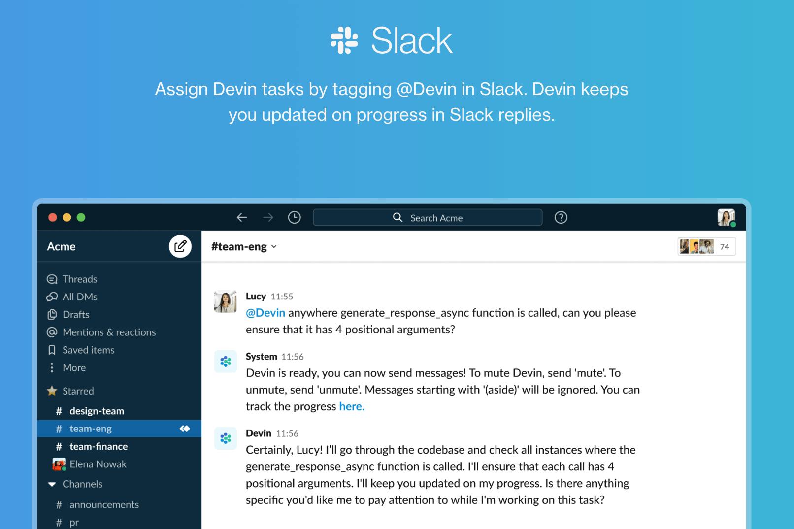 Example of Cognition's product Devin as a Slack bot