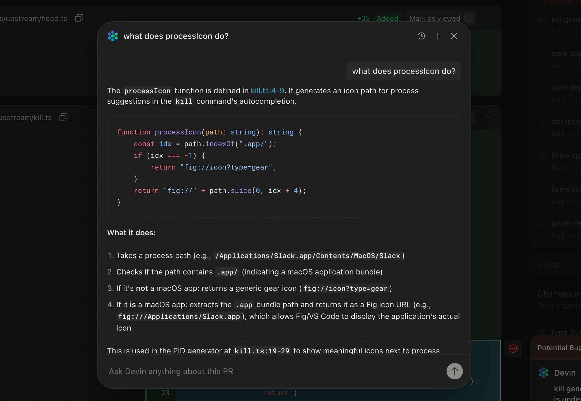 Example of Cognition's code review tool, Devin Review