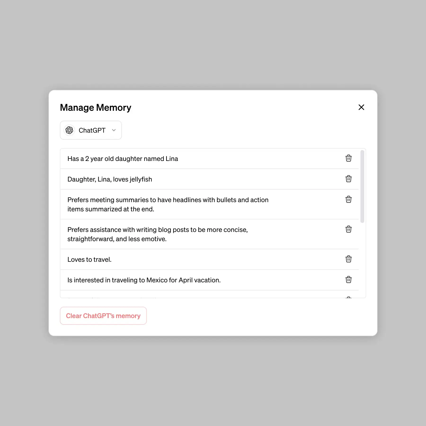 Personalized control of ChatGPT's memory