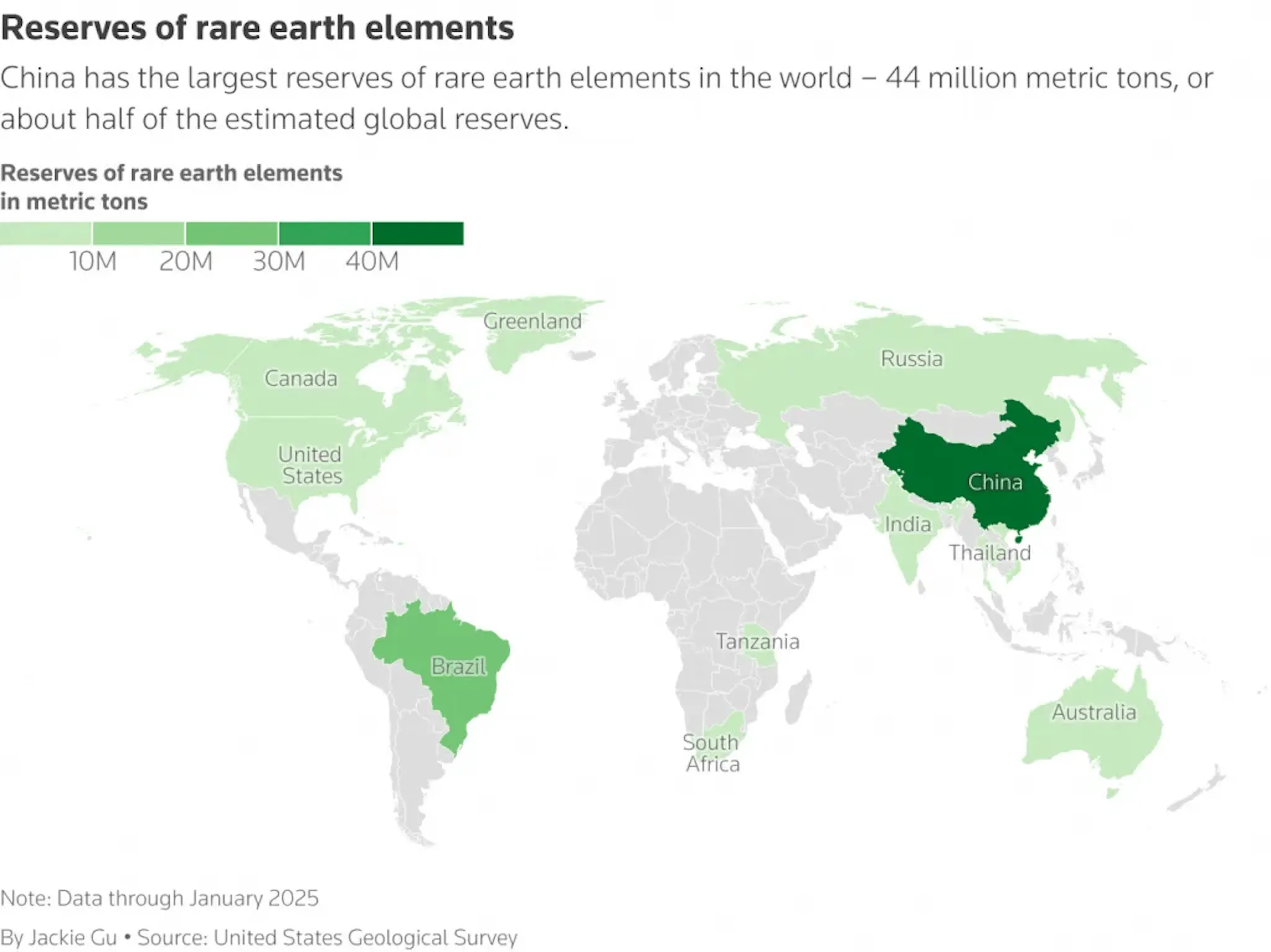 World Map showing location of reserves of rare Earth elements in metric tons