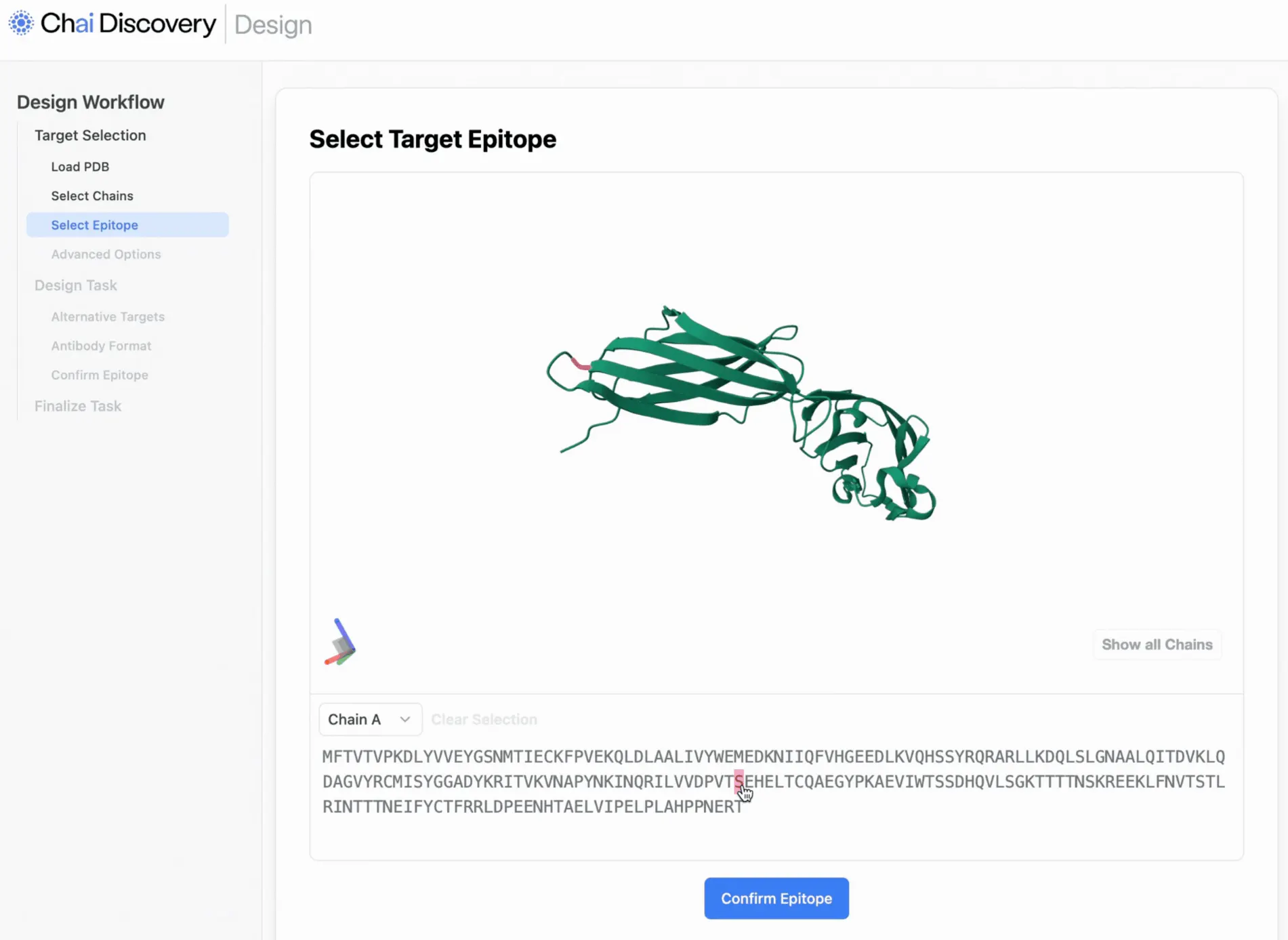 Screenshot of Chai-2 from Chai Discovery Design workflow's ability to select Epitope