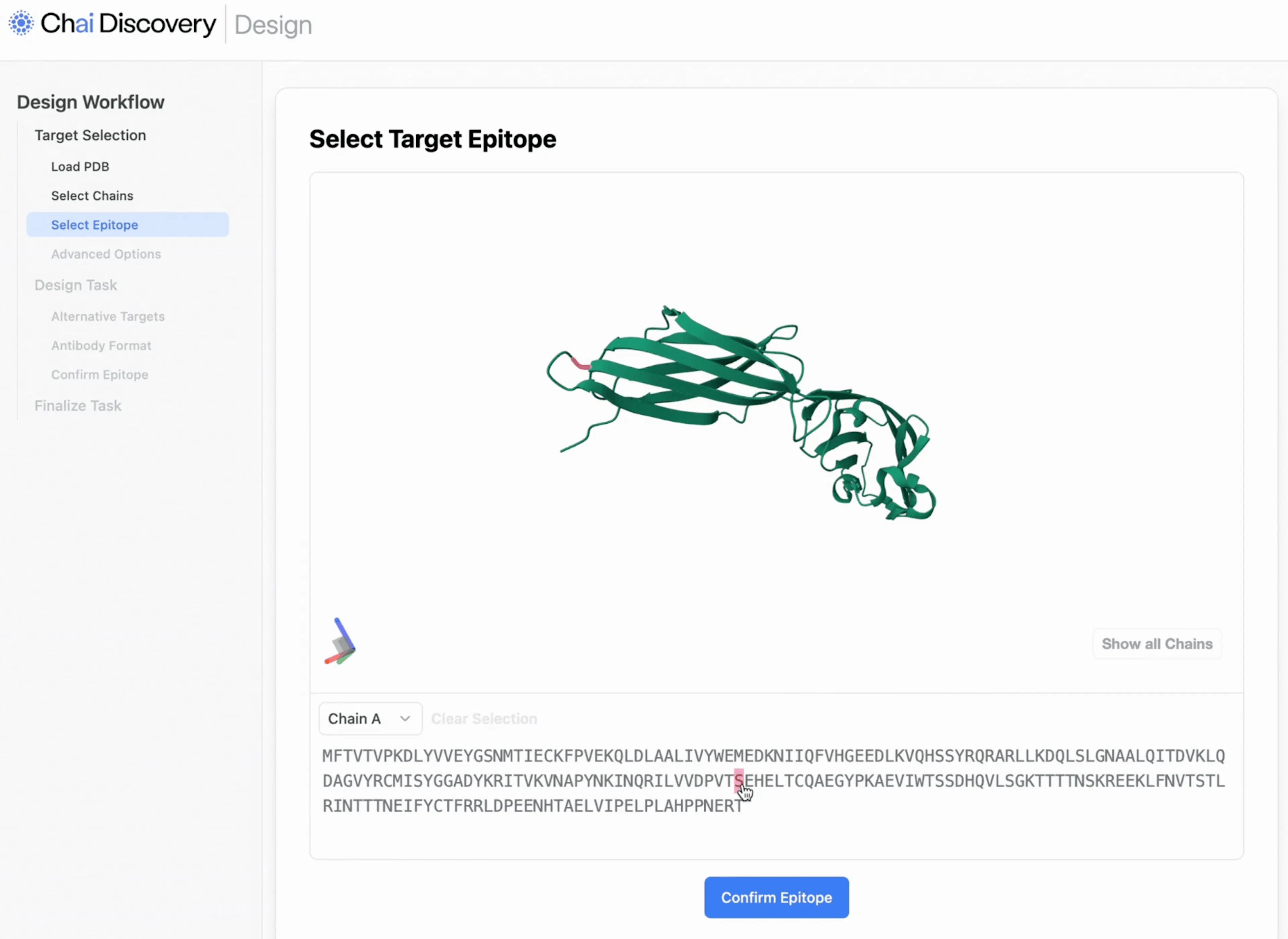 Screenshot of Chai-2 from Chai Discovery Design workflow's ability to select Epitope