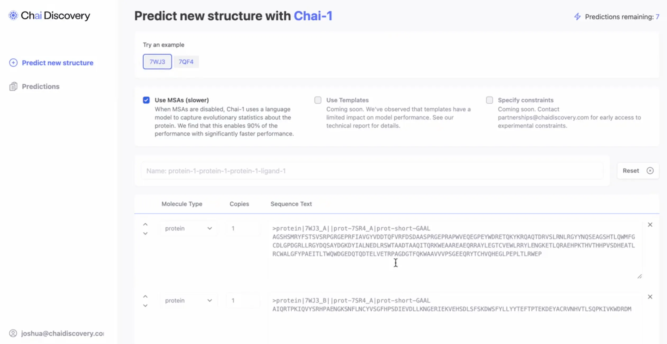 Screenshot of Chai-1 from Chai Discovery as a computer-aided design suite for molecules