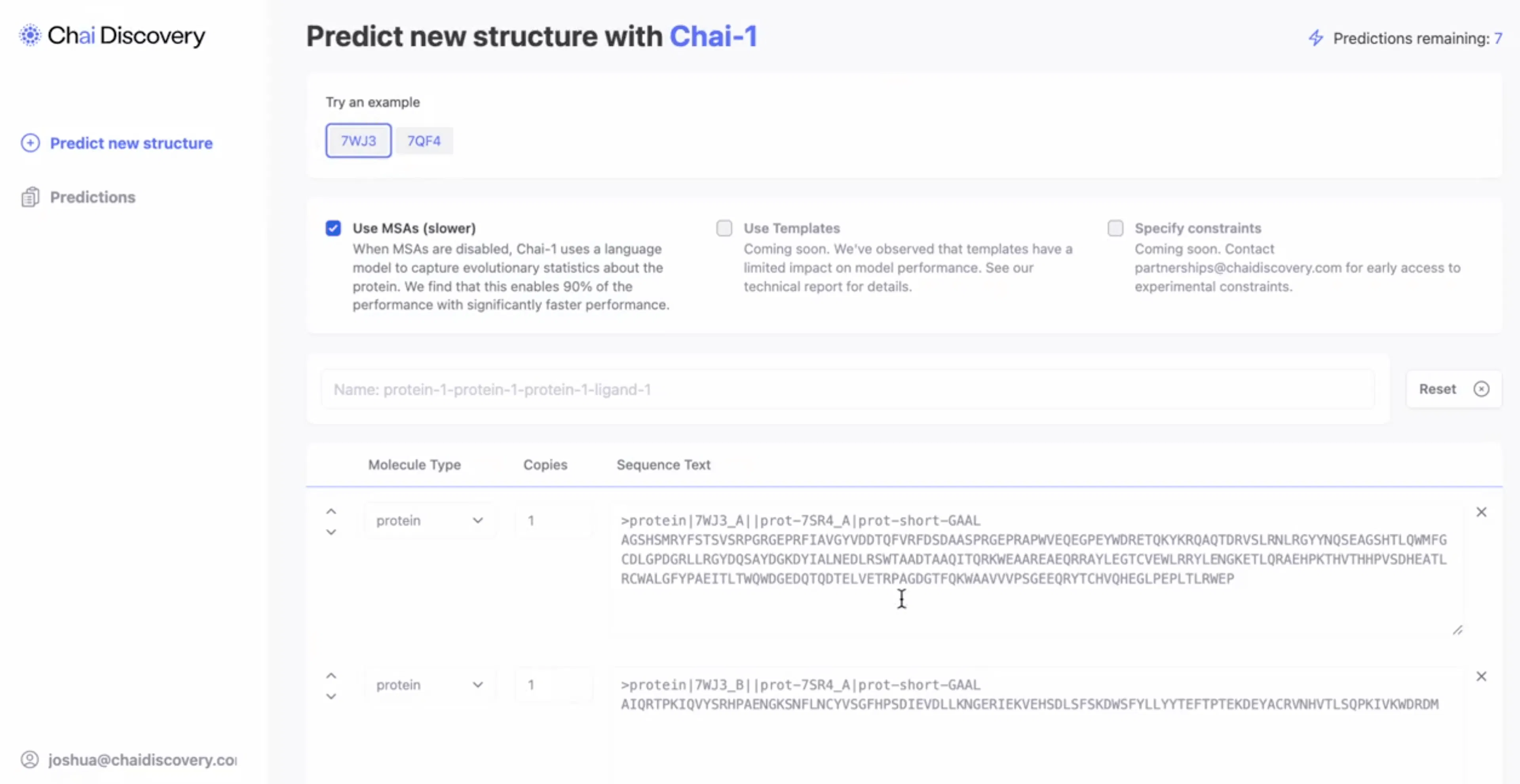 Screenshot of Chai-1 from Chai Discovery as a computer-aided design suite for molecules