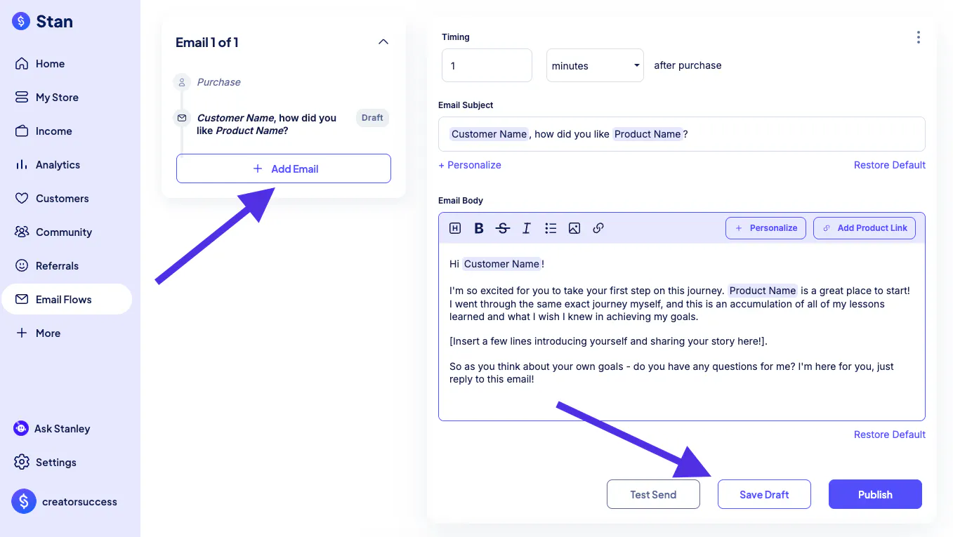 Stan's email flows editor, showing an automated sequence of emails scheduled after a purchase.