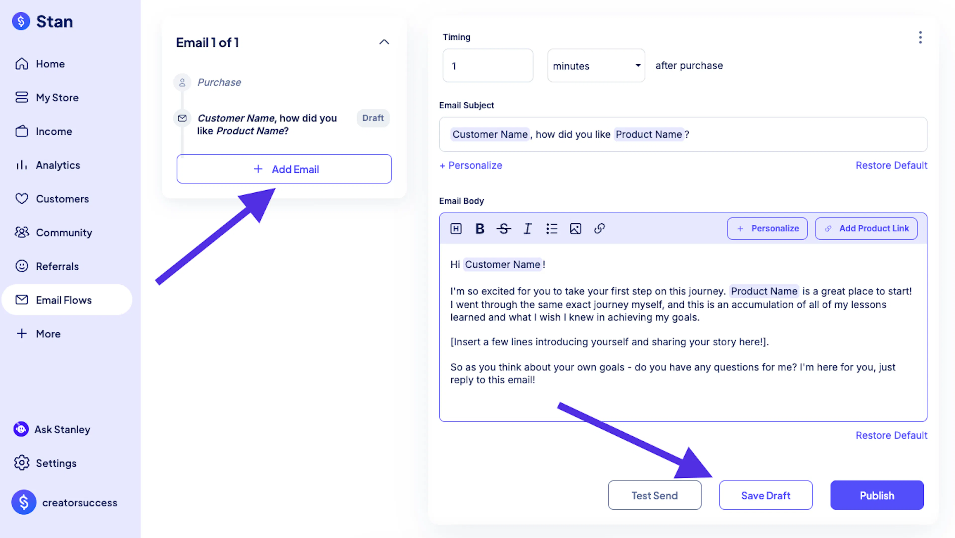 Stan's email flows editor, showing an automated sequence of emails scheduled after a purchase.