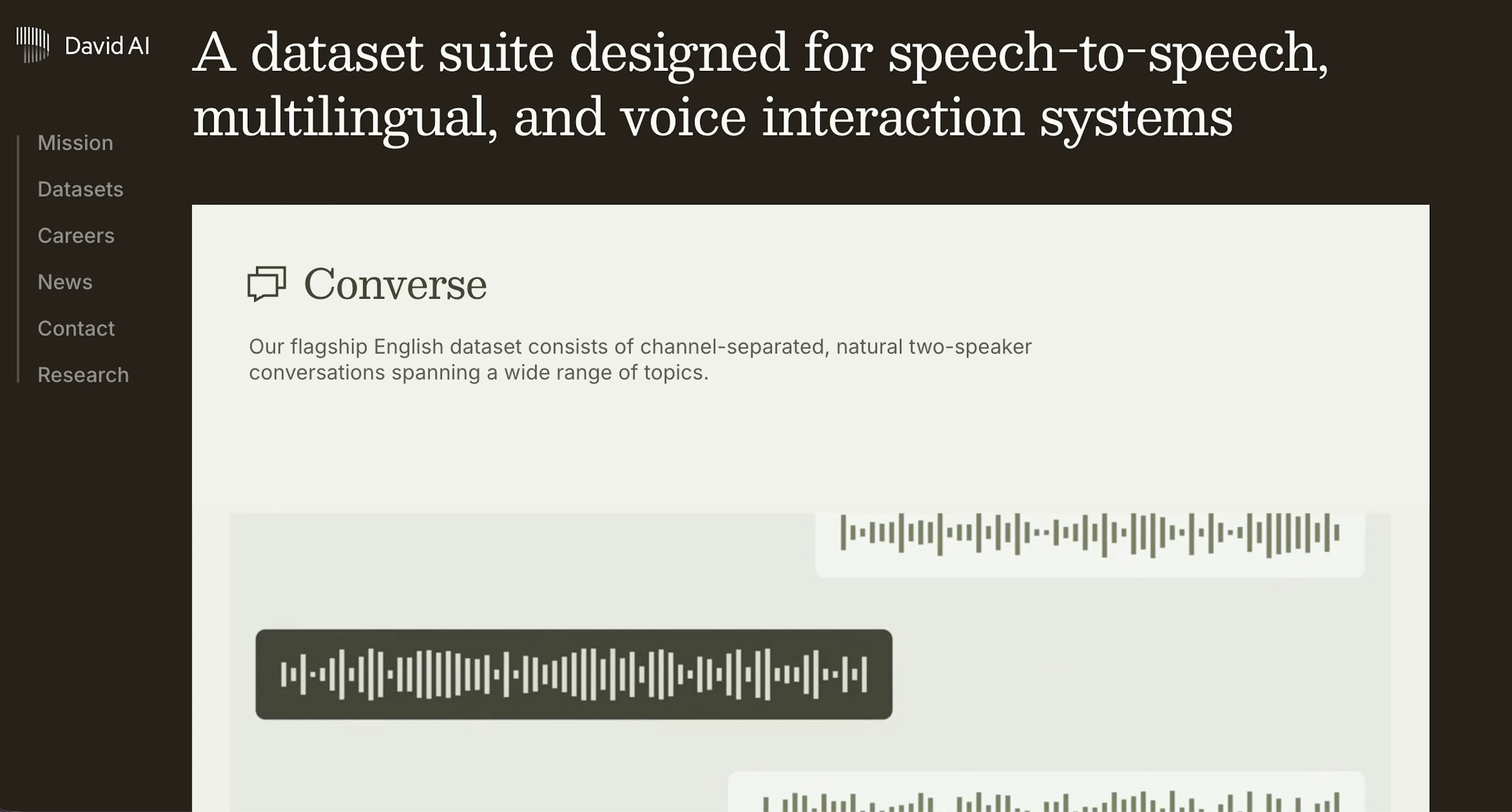 David AI's homepage dataset suite, headed "A dataset suite designed for speech-to-speech, multilingual, and voice interaction systems," showing the Converse card and its two-speaker waveform illustration