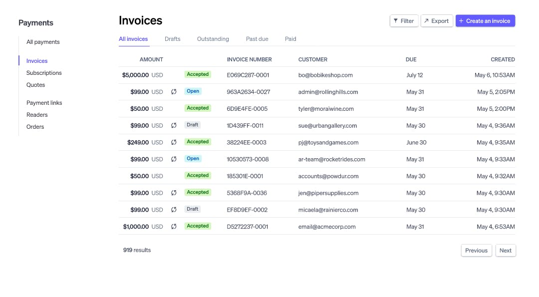 Screenshot of Stripe's invoicing product
