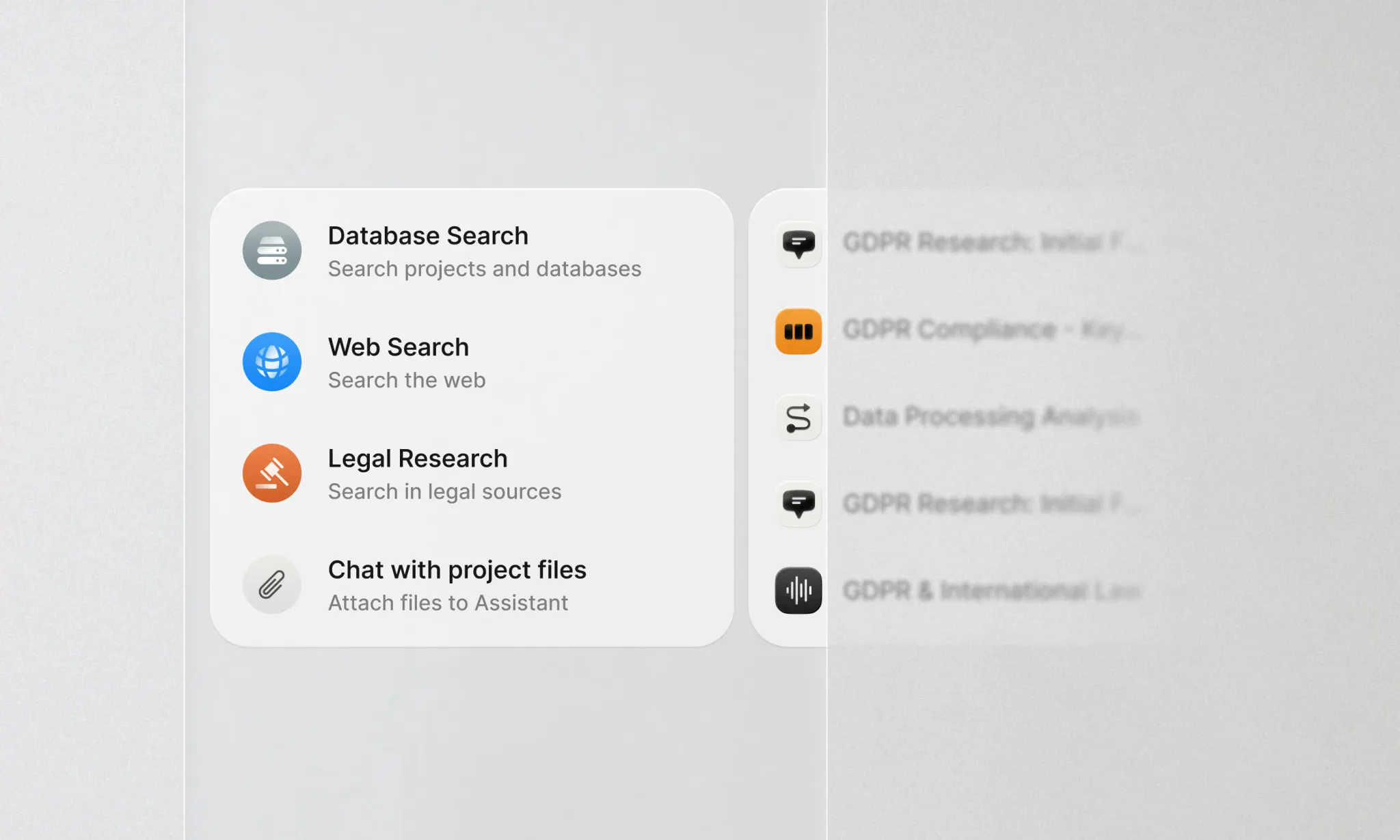 Legora's mobile app tool picker offering Database Search, Web Search, Legal Research, and Chat with project files, with a list of recent GDPR research threads alongside it