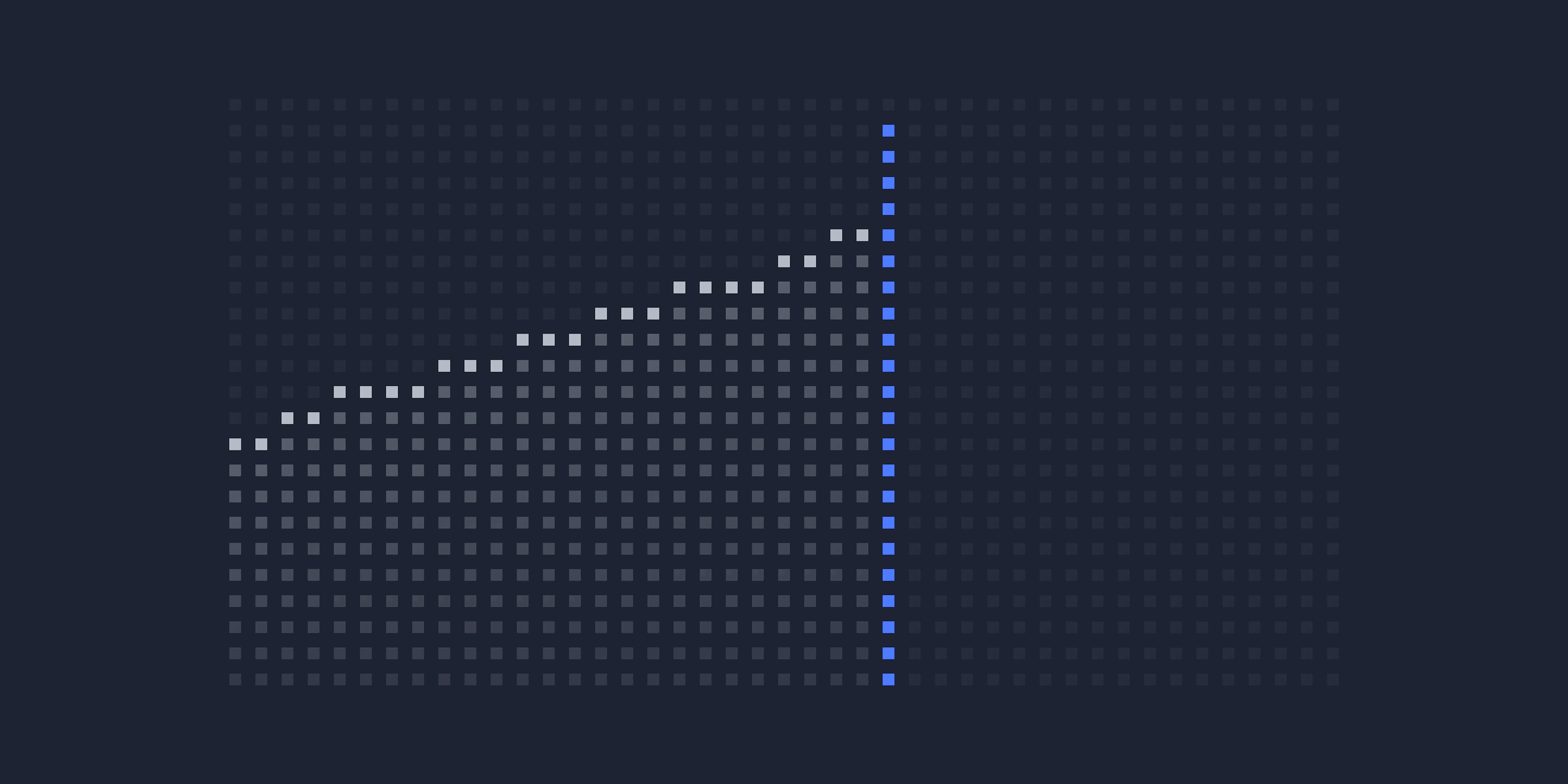 Dot-grid area chart: a rising grey area stops abruptly at a blue vertical line