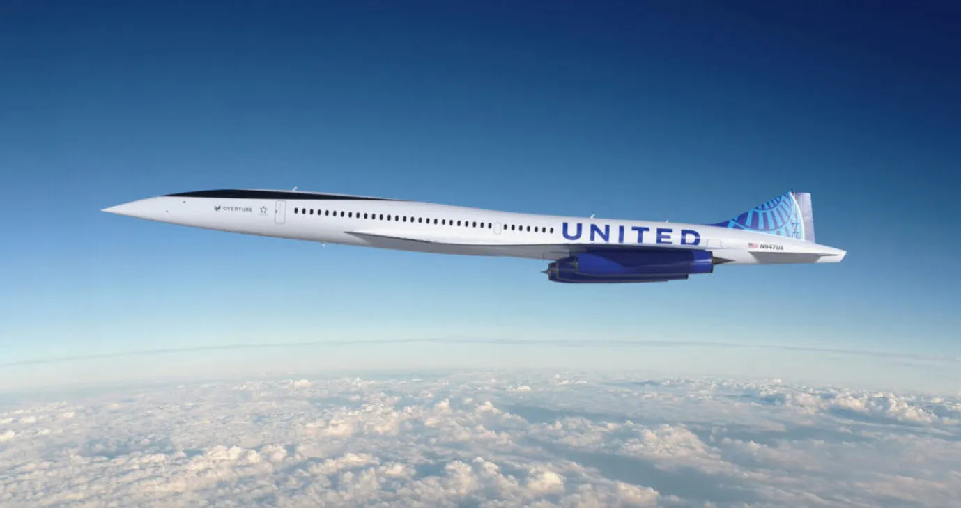 Rendering of Boom Supersonic's airliner in United livery cruising above the clouds