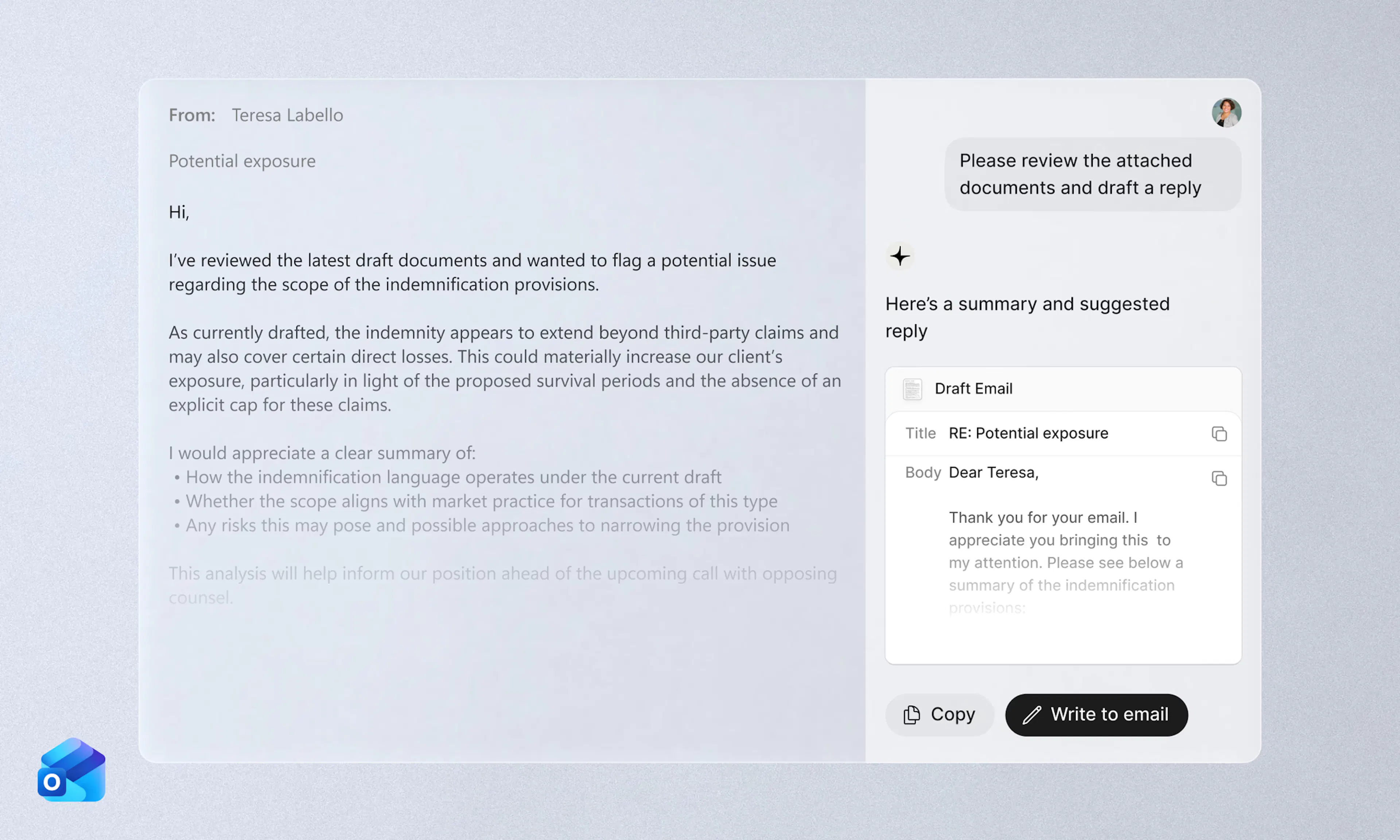 Legora's add-in running inside Microsoft Outlook, summarizing an email about the scope of indemnification provisions and drafting a reply, with Copy and Write to email buttons