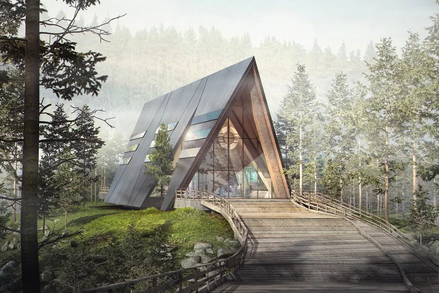 Architectural rendering of a small angular nuclear plant set among forest
