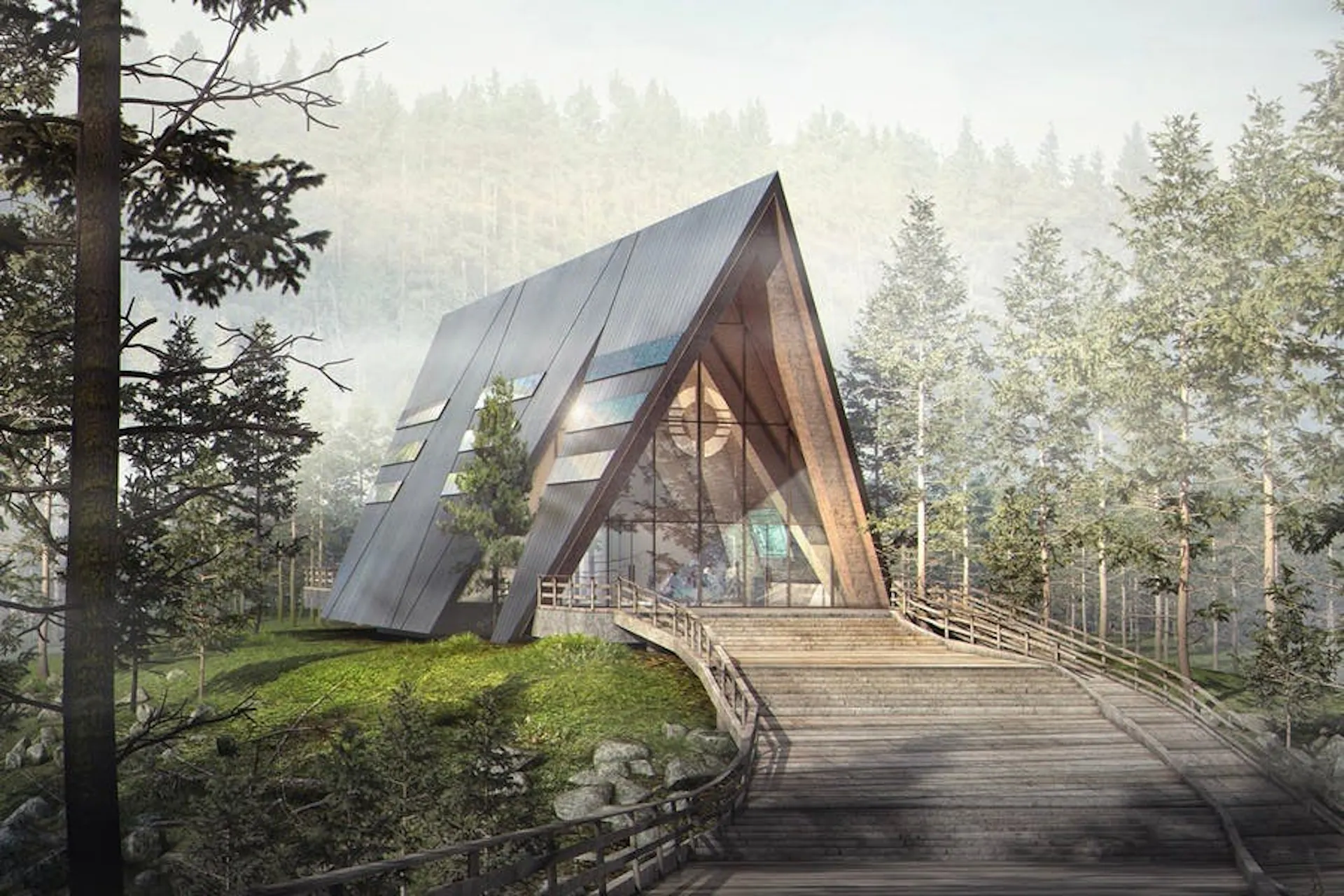 Architectural rendering of a small angular nuclear plant set among forest