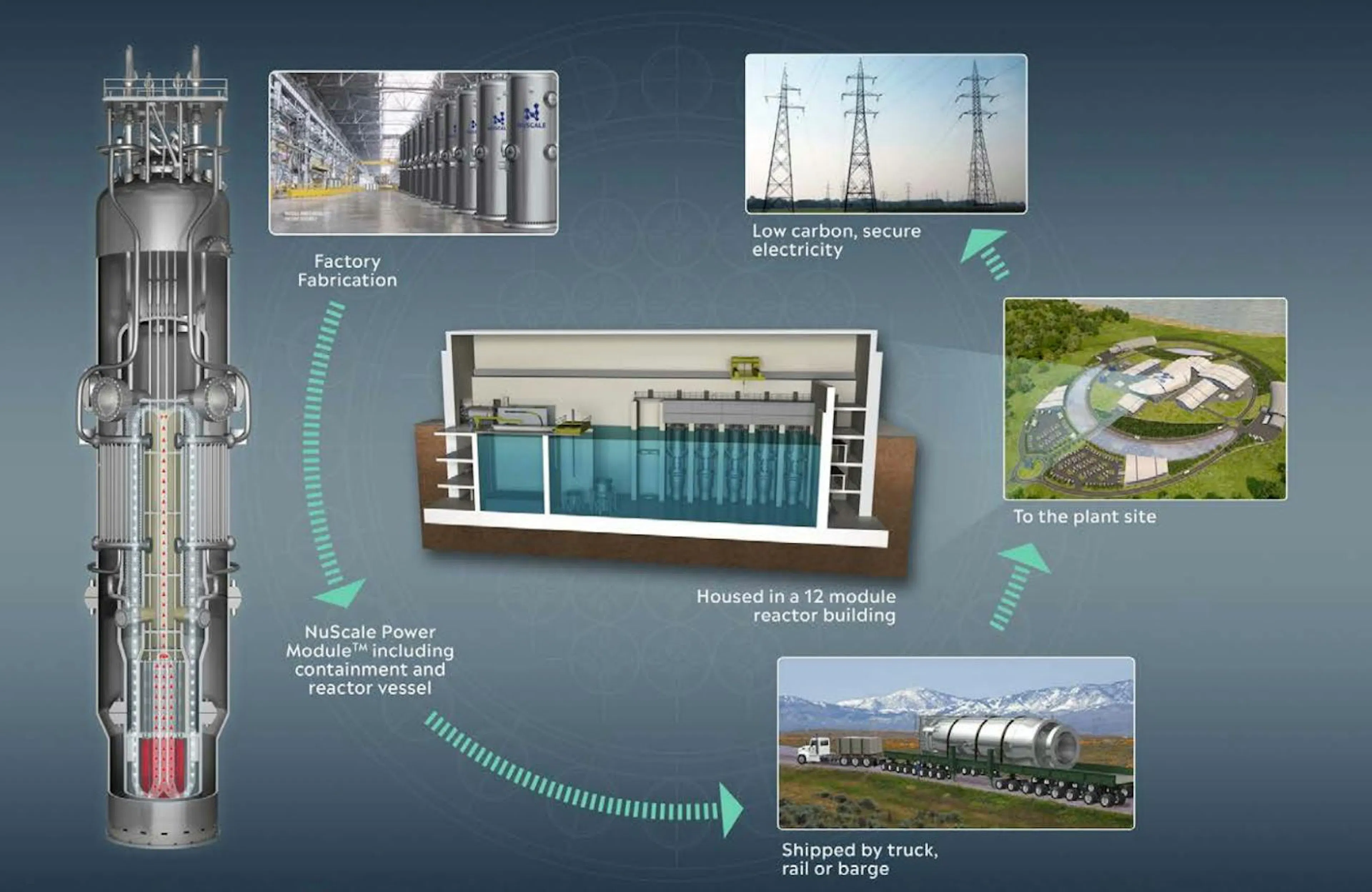 Diagram of NuScale's small modular reactor, factory-fabricated modules shipped by truck to a twelve-module plant