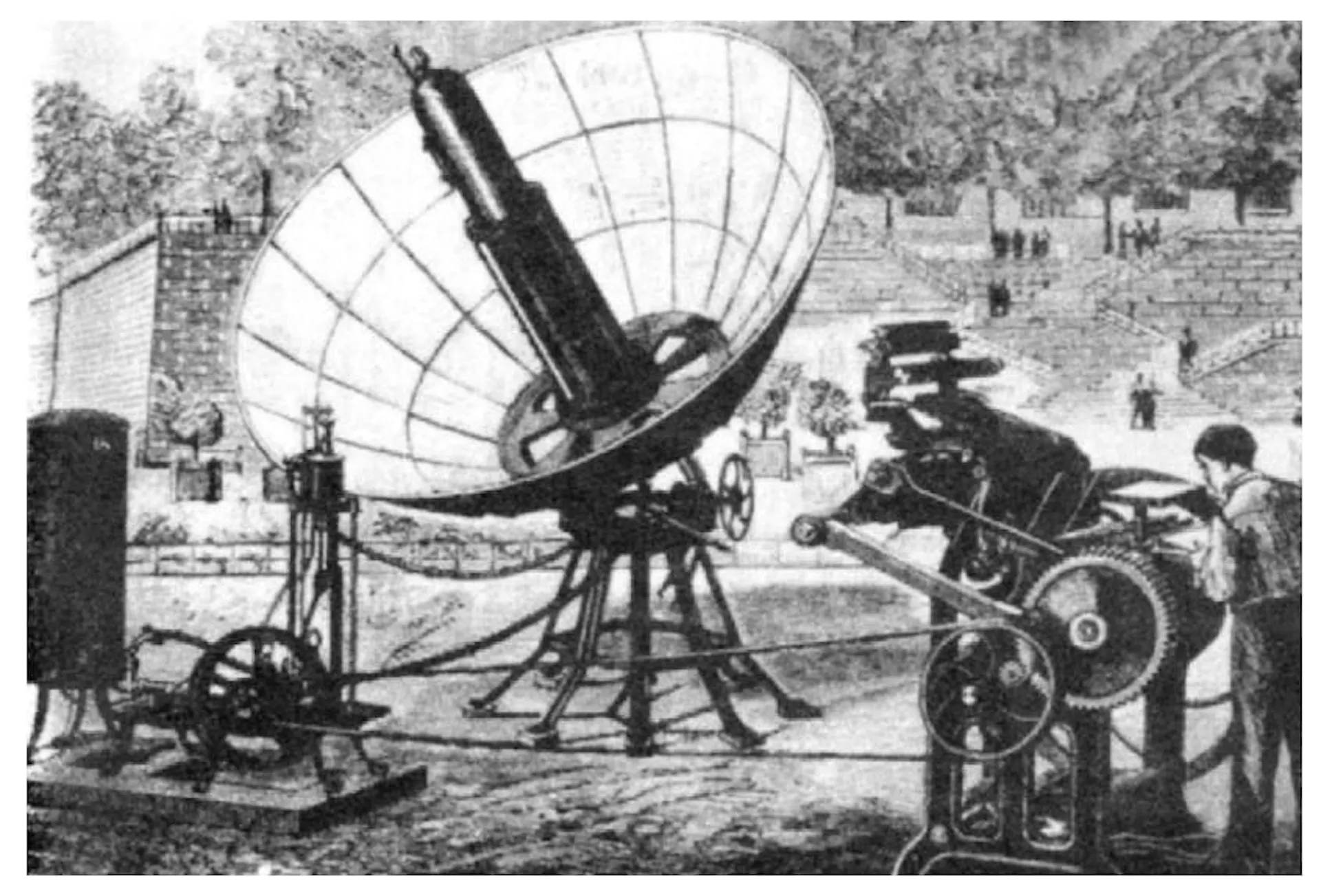 Engraving of a nineteenth-century solar-powered steam engine, a parabolic dish driving a boiler and flywheel
