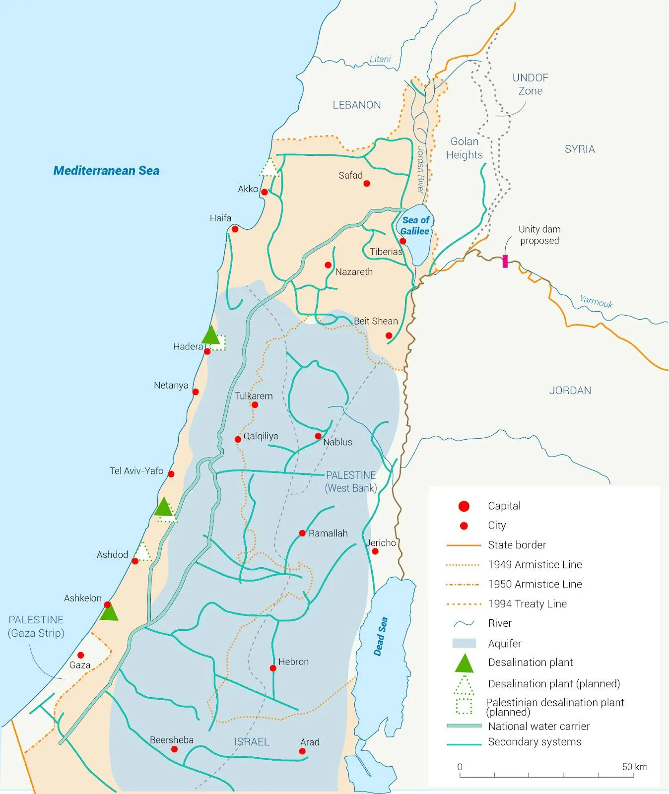 Map of Israel's national water carrier network, marking existing and planned desalination plants along the Mediterranean coast