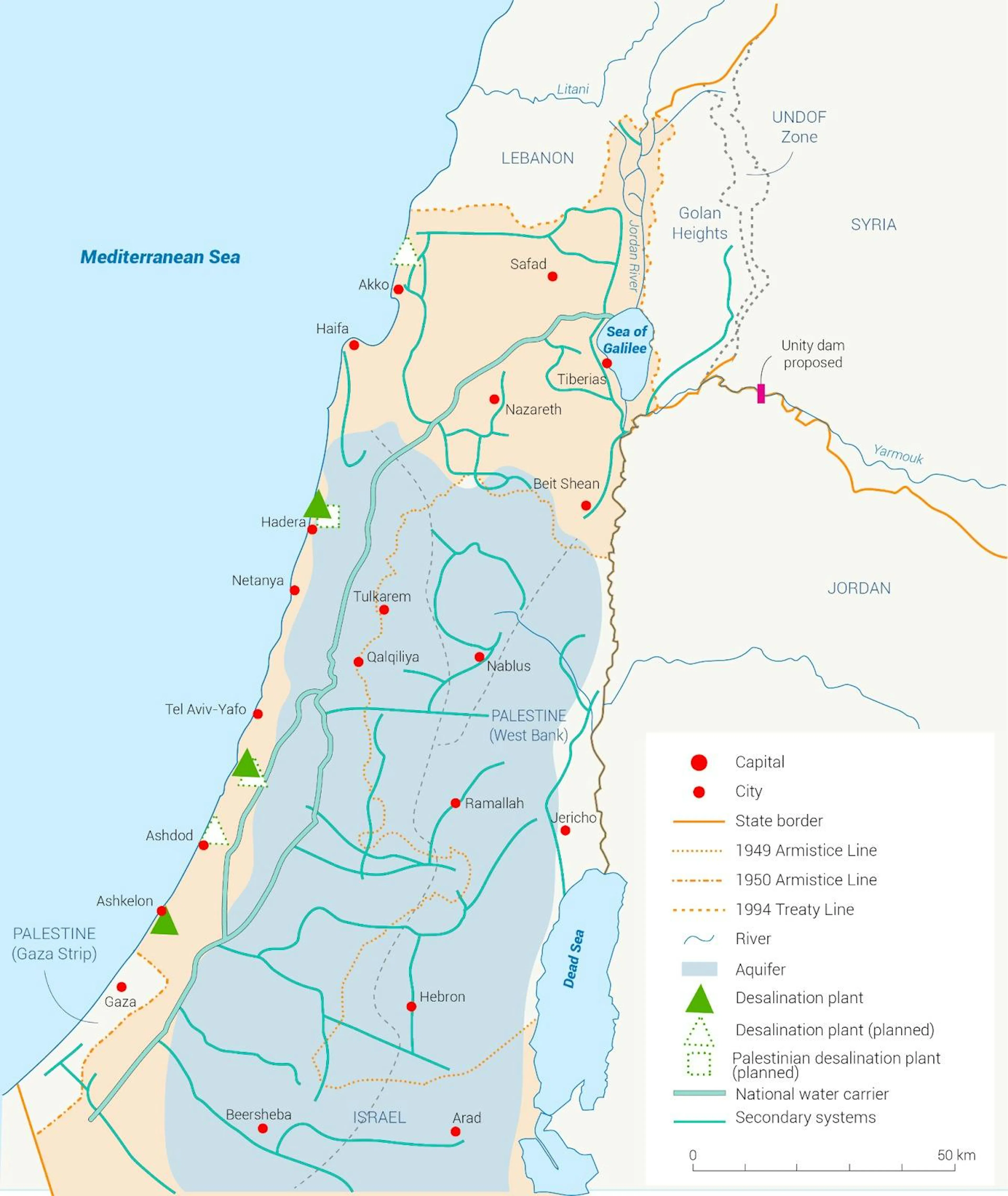 Map of Israel's national water carrier network, marking existing and planned desalination plants along the Mediterranean coast