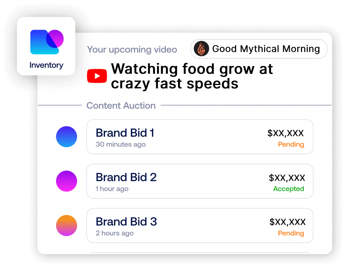 Agentio's inventory view, showing competing brand bids arriving on a single upcoming creator video.