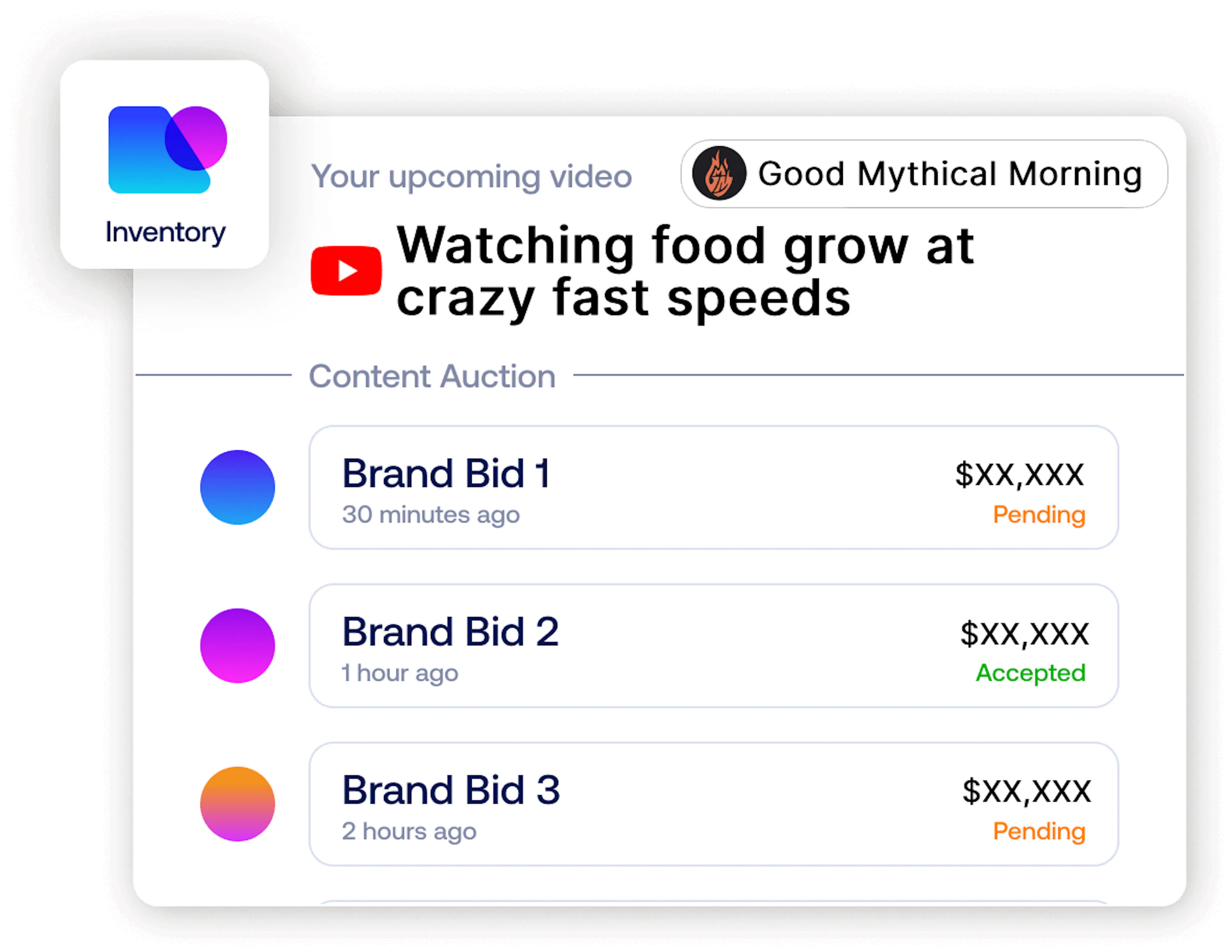 Agentio's inventory view, showing competing brand bids arriving on a single upcoming creator video.