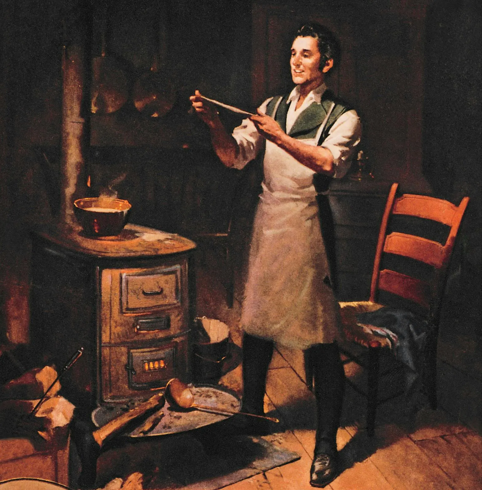 Painting of Charles Goodyear in his workshop, holding a strip of rubber beside a stove