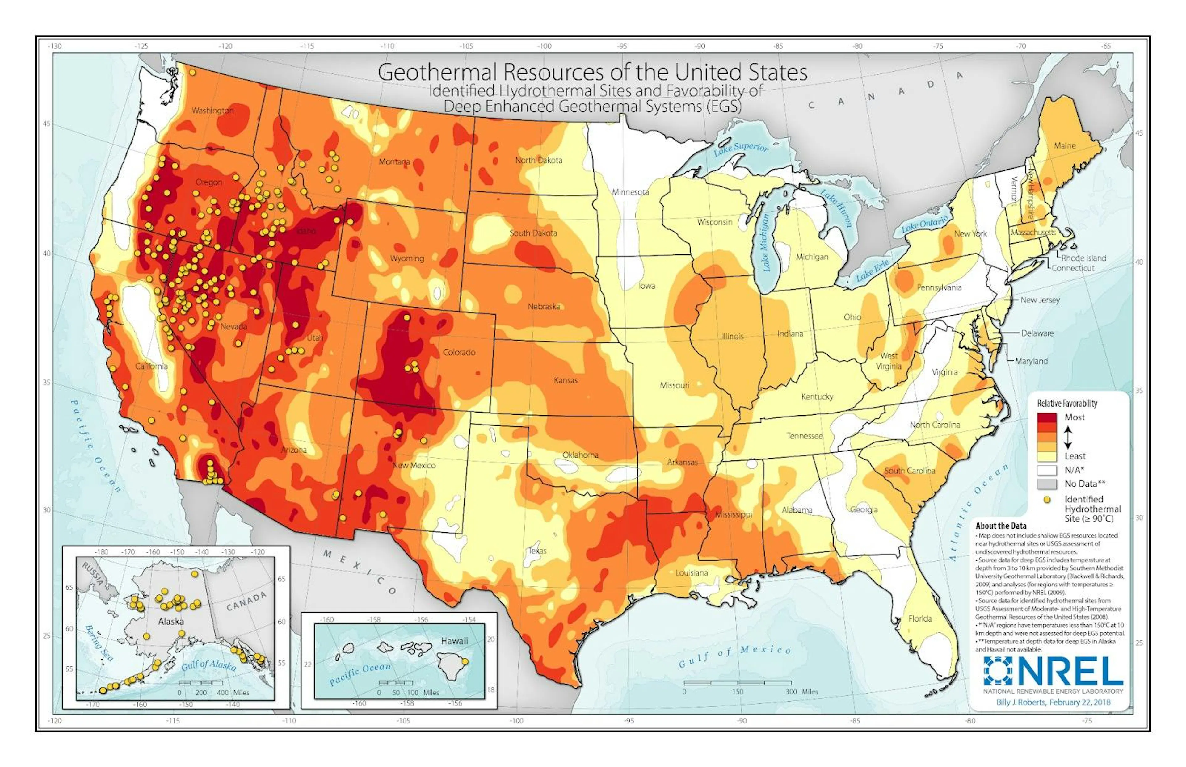 NREL map of US geothermal resources, favourability shaded deep red across the West with identified hydrothermal sites marked