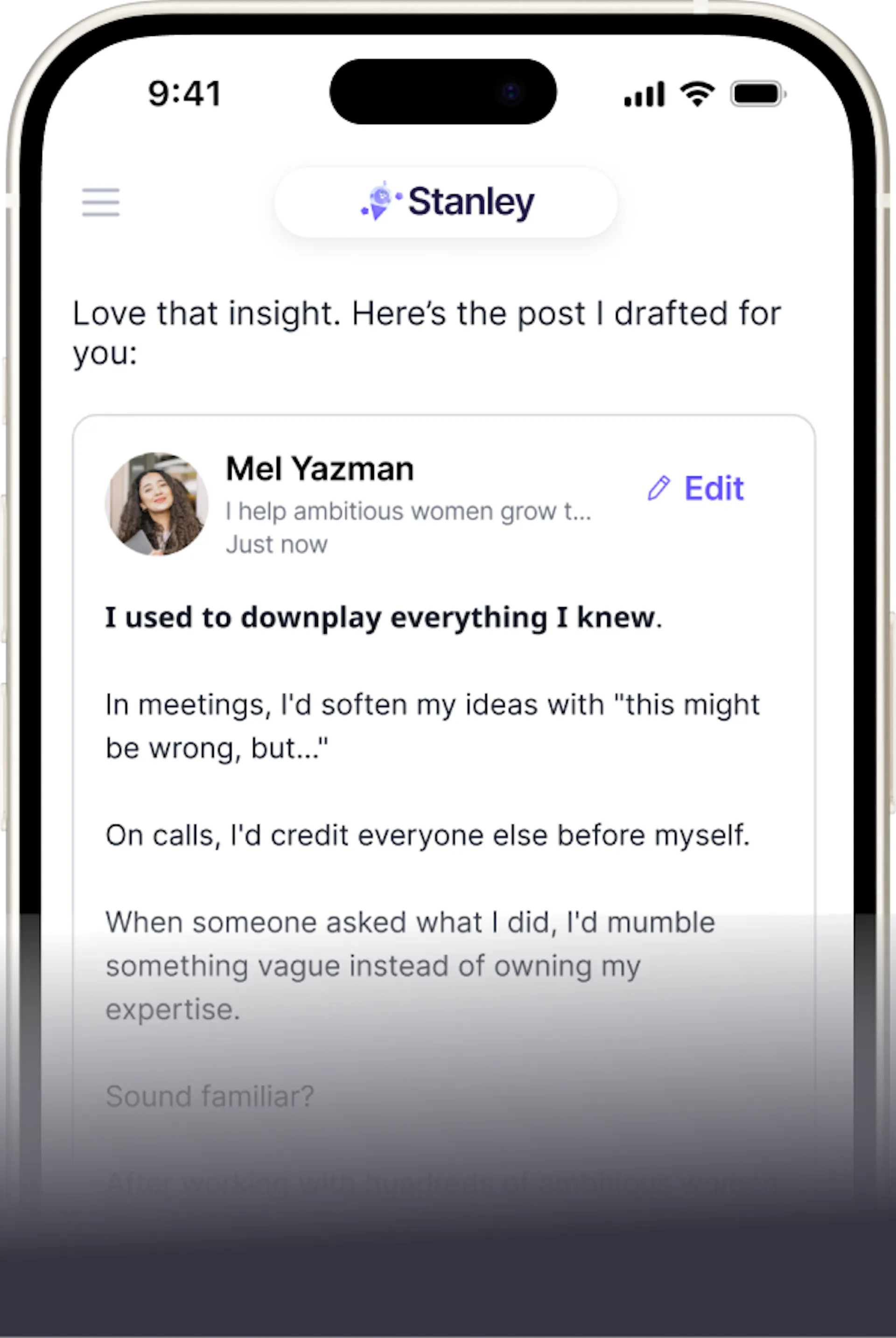 Stanley's welcome page, introducing the AI content assistant for LinkedIn.