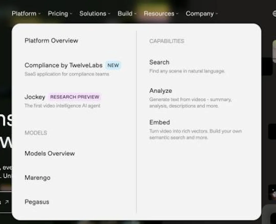 TwelveLabs' Platform menu as of October 2026, listing two applications (Compliance by TwelveLabs, marked new, and Jockey, marked research preview), two models (Marengo and Pegasus), and three capabilities (Search, Analyze, and Embed).