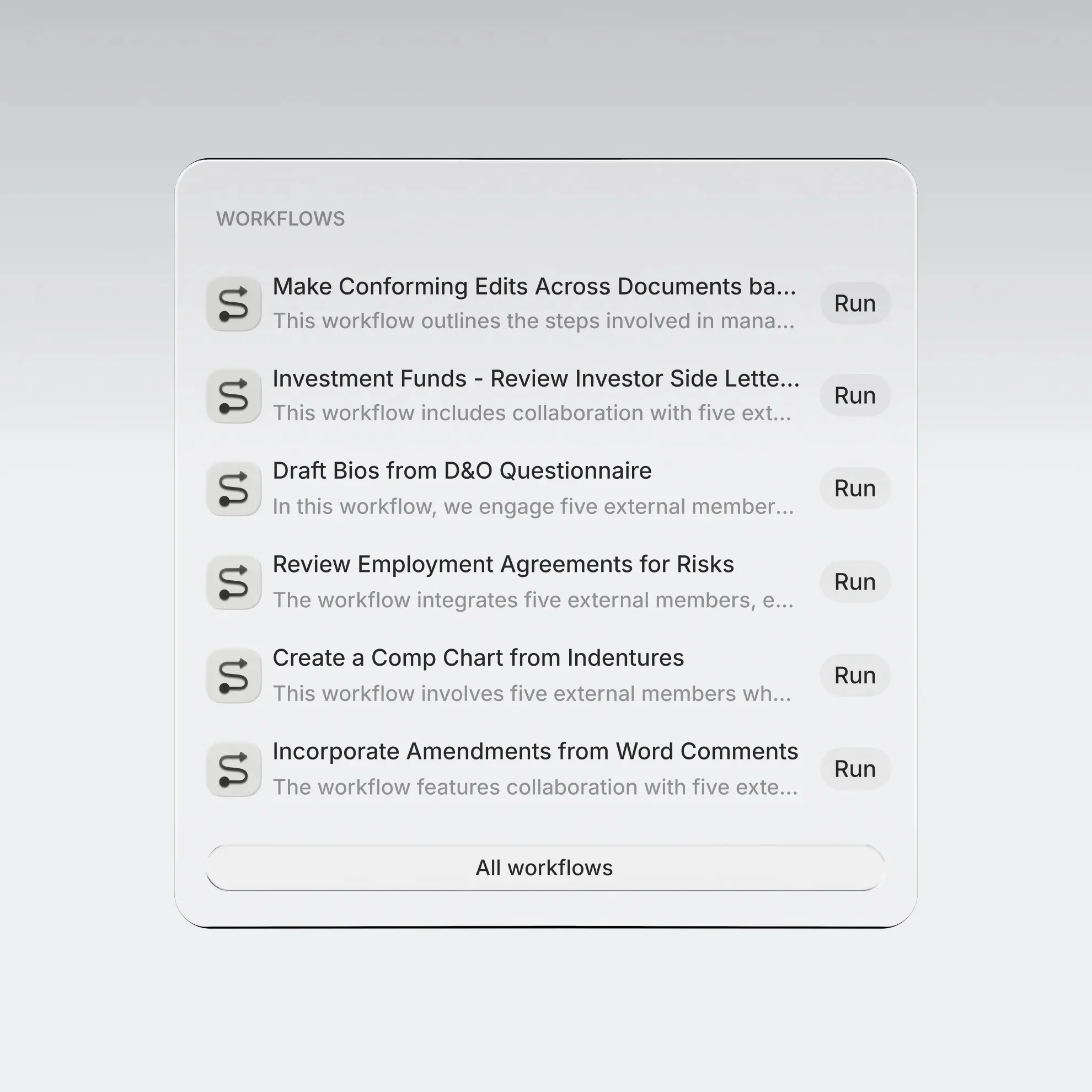 A Legora workflow launcher listing firm-published workflows such as "Review Employment Agreements for Risks" and "Draft Bios from D&O Questionnaire", each with a Run button