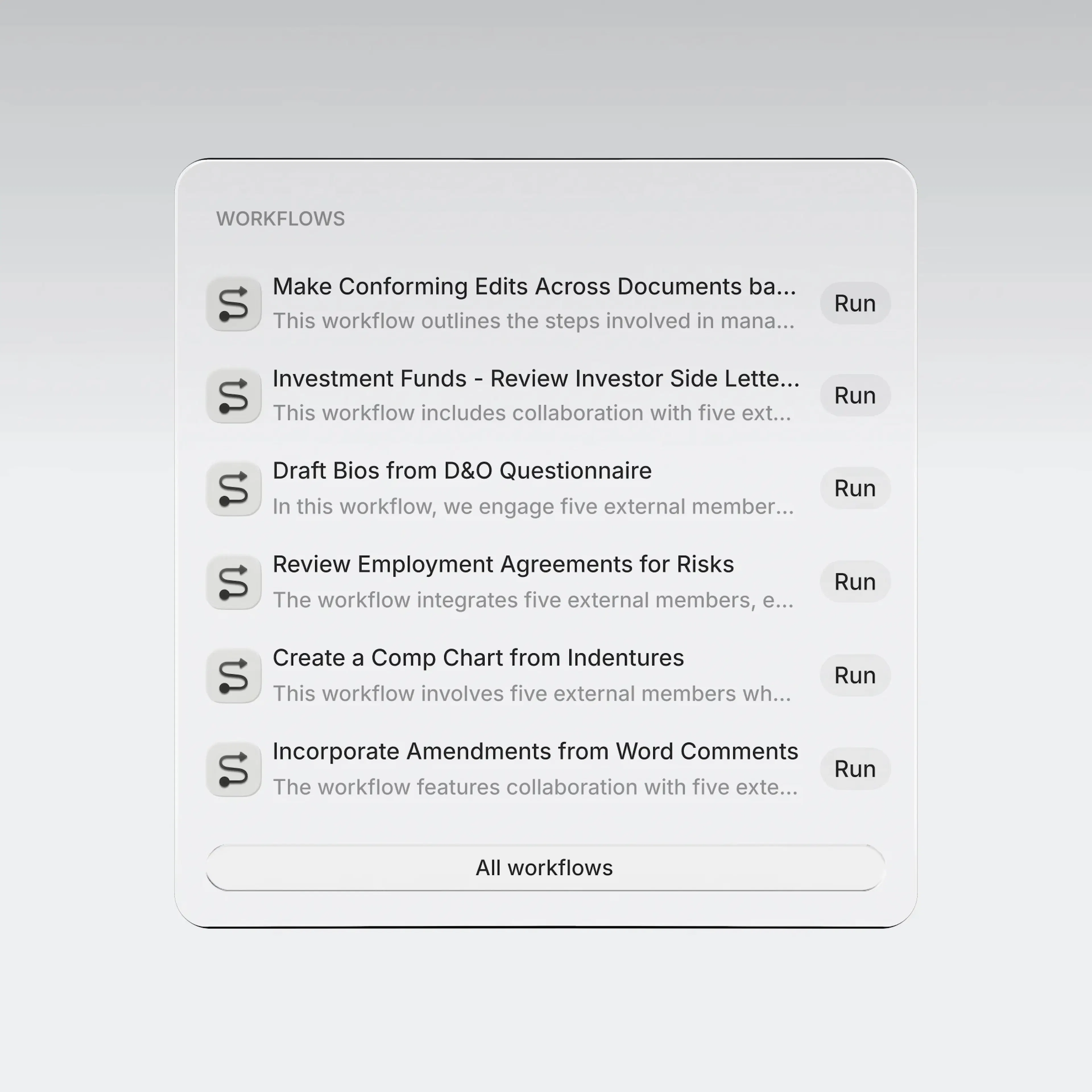 A Legora workflow launcher listing firm-published workflows such as "Review Employment Agreements for Risks" and "Draft Bios from D&O Questionnaire", each with a Run button