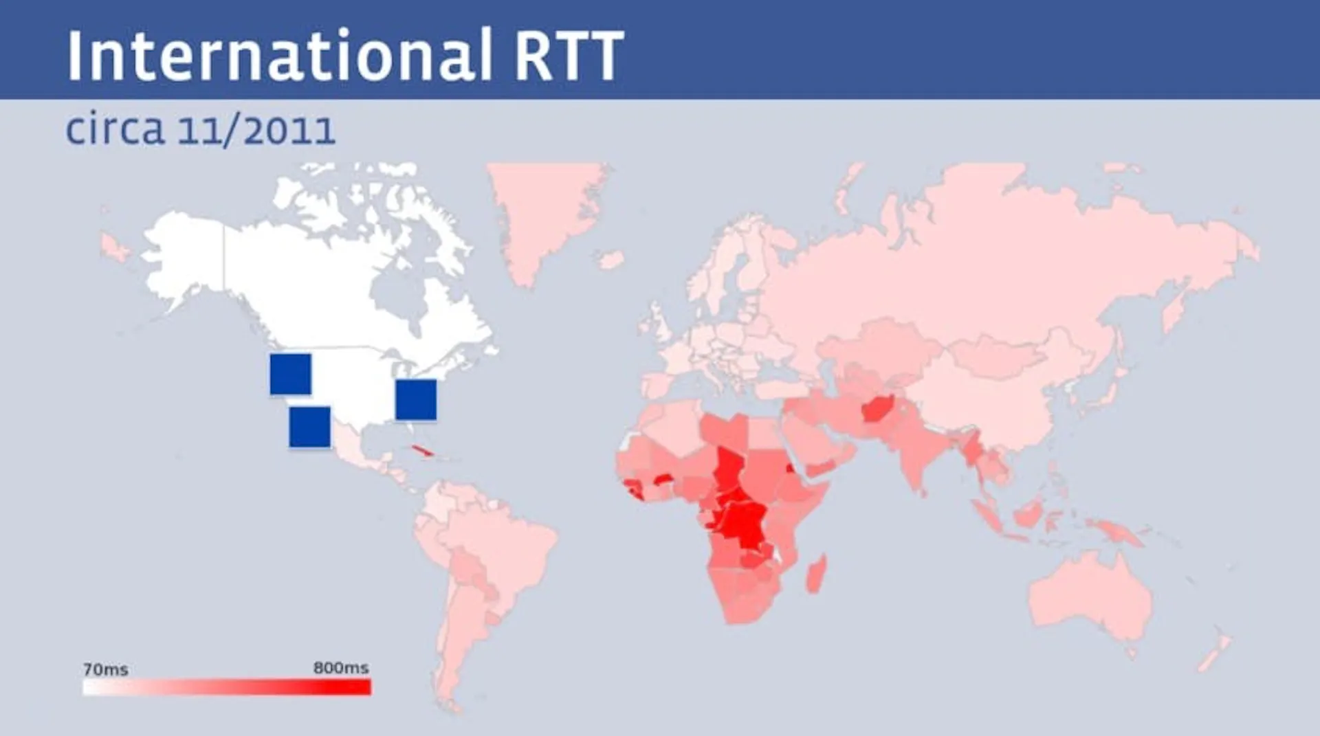 World map of international round-trip latency around 2011, shaded from 70 to 800 milliseconds with Africa slowest