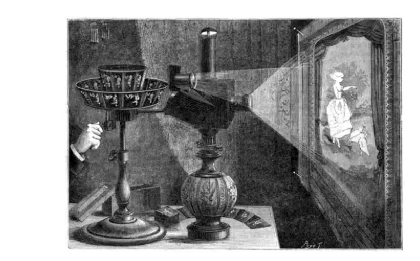 Engraving of a magic lantern projecting a figure onto a screen in a darkened room