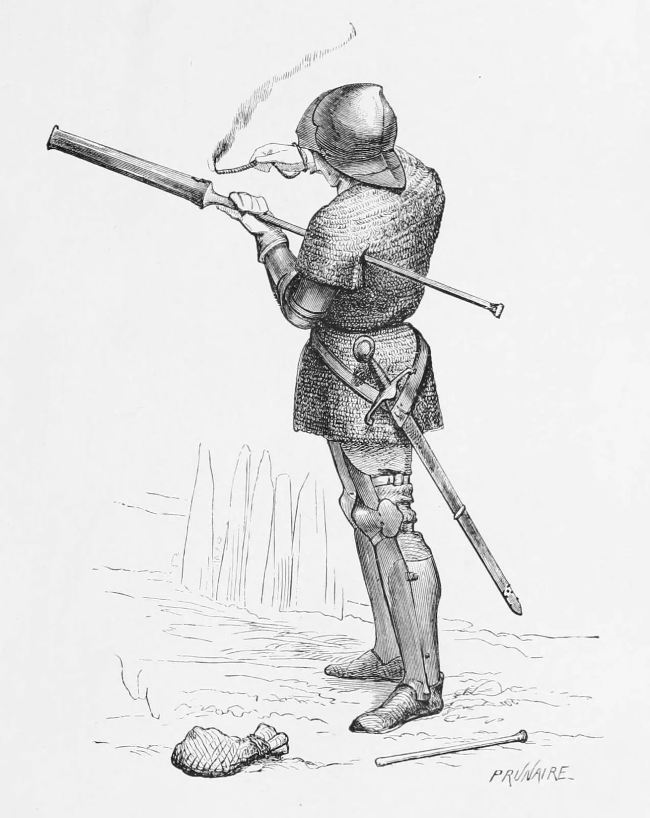 Engraving of an armoured soldier firing an early hand cannon