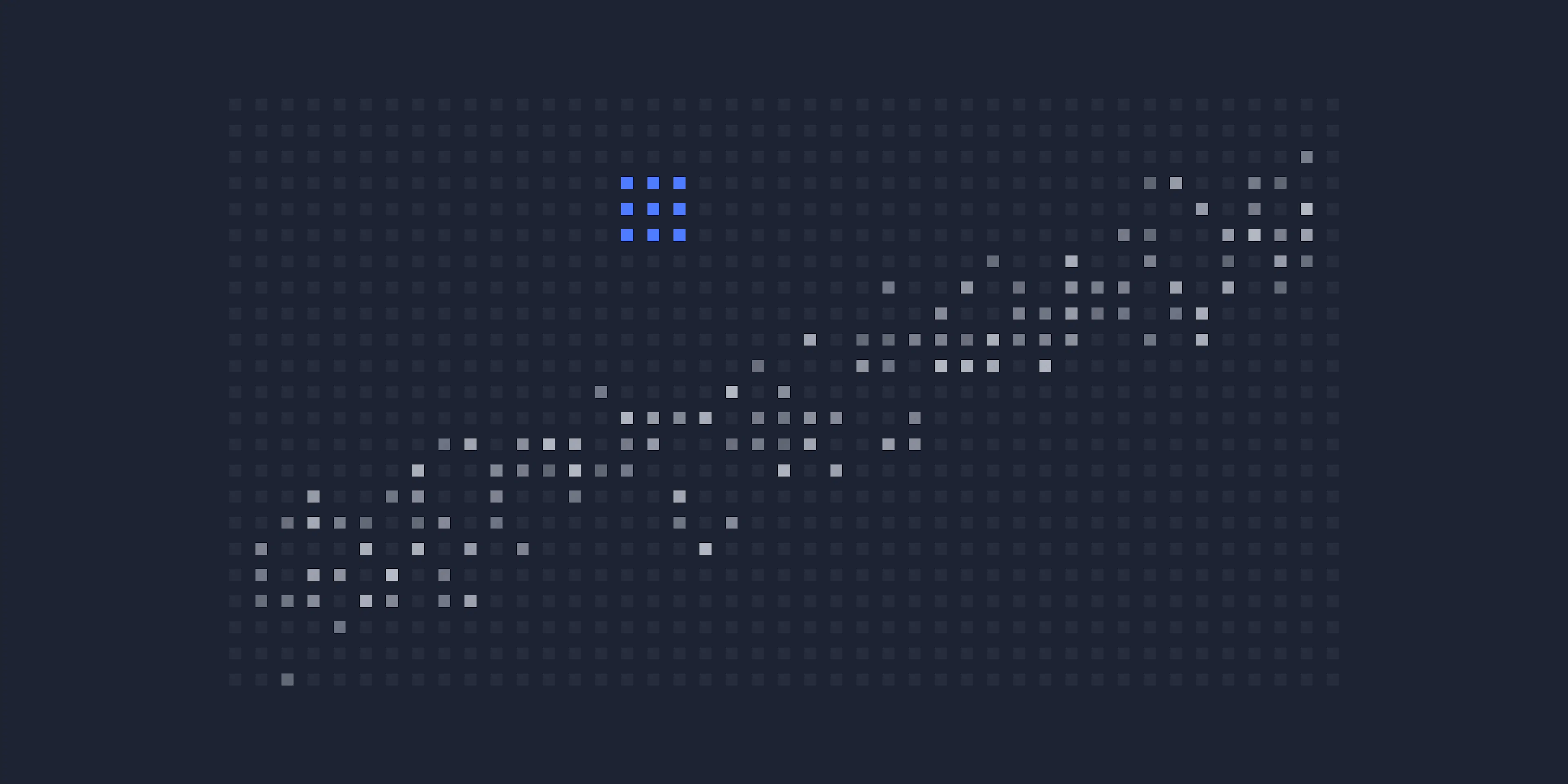 Dot-grid scatter plot along a trend, with one blue cluster far off it