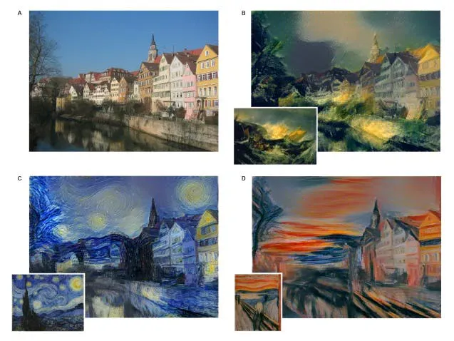 Four neural style transfer results, one photograph of a riverside town rendered in different painters' styles