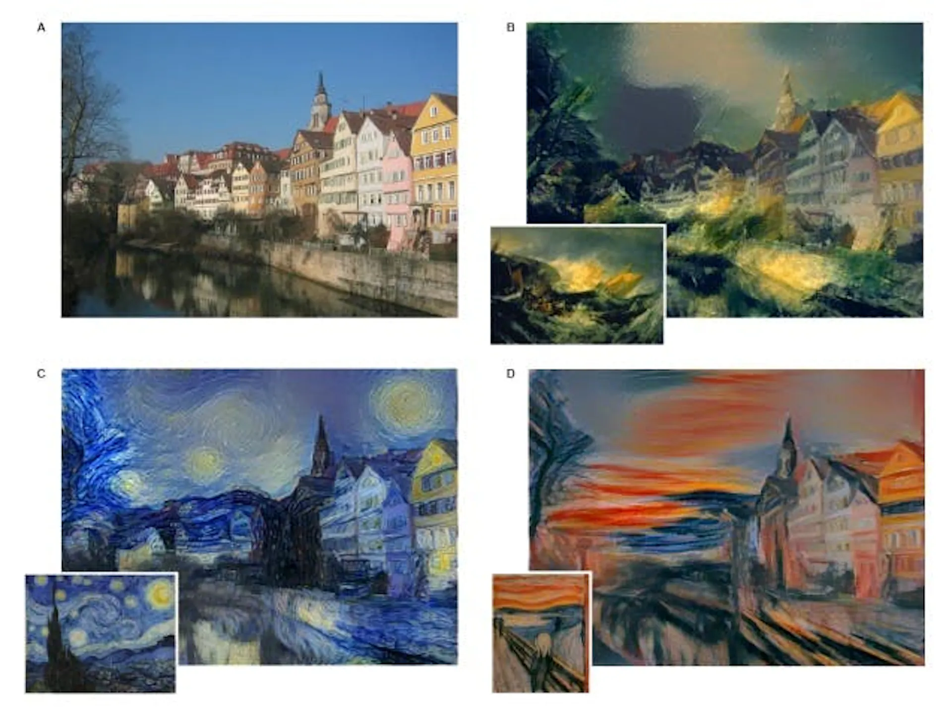 Four neural style transfer results, one photograph of a riverside town rendered in different painters' styles