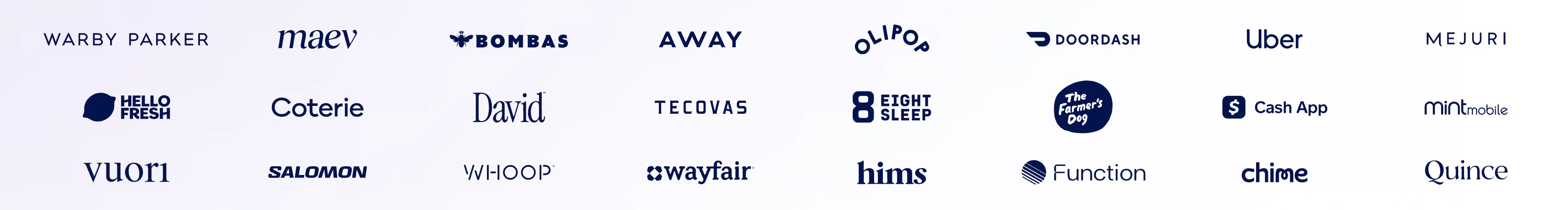 A wall of customer logos on Agentio's website, including Warby Parker, Bombas, Away, Uber, DoorDash, Eight Sleep, WHOOP, and Chime.